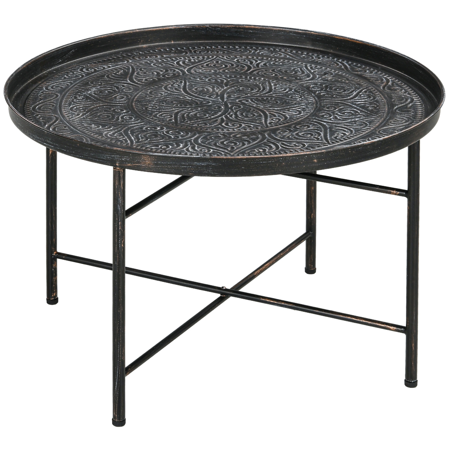 HOMCOM – Table basse ronde de 24&nbsp;po avec plateau floral martelé, table centrale rétro en métal pour salon, table d'appoint, étain