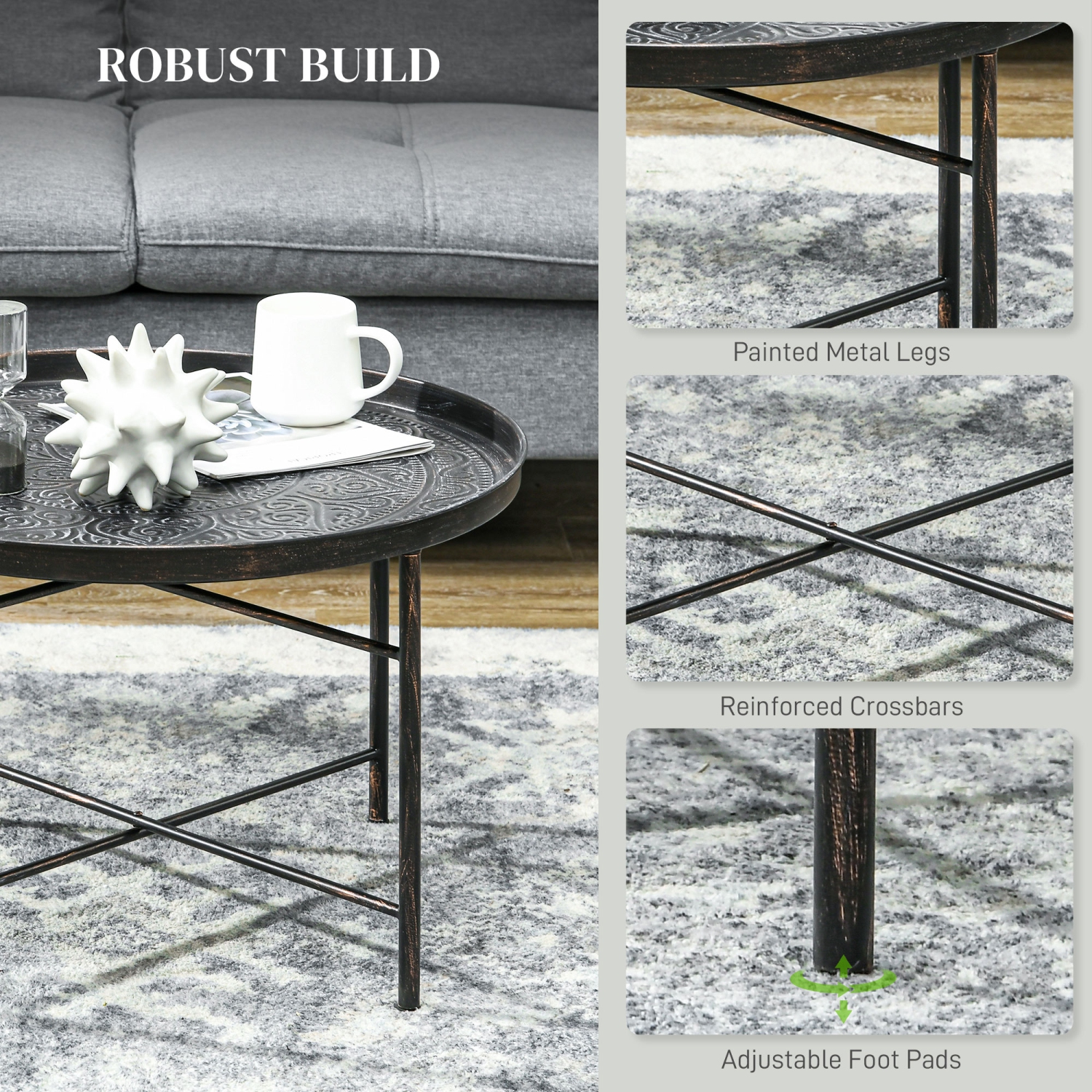 HOMCOM – Table basse ronde de 24&nbsp;po avec plateau floral martelé, table centrale rétro en métal pour salon, table d'appoint, étain