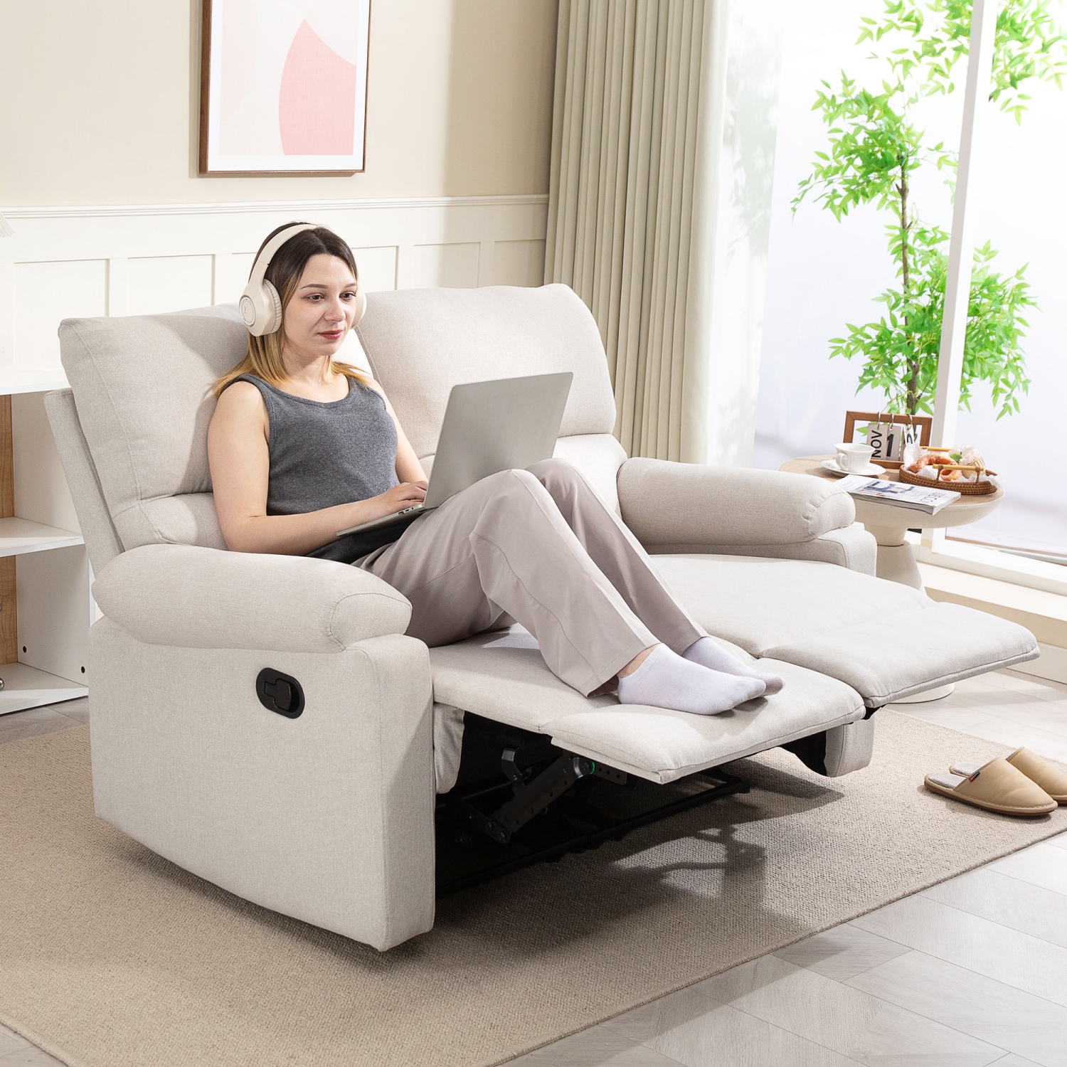 HOMCOM – Causeuse inclinable double, fauteuil inclinable manuel à 2 places, canapé inclinable rembourré avec repose-pieds et dossier divisé, blanc