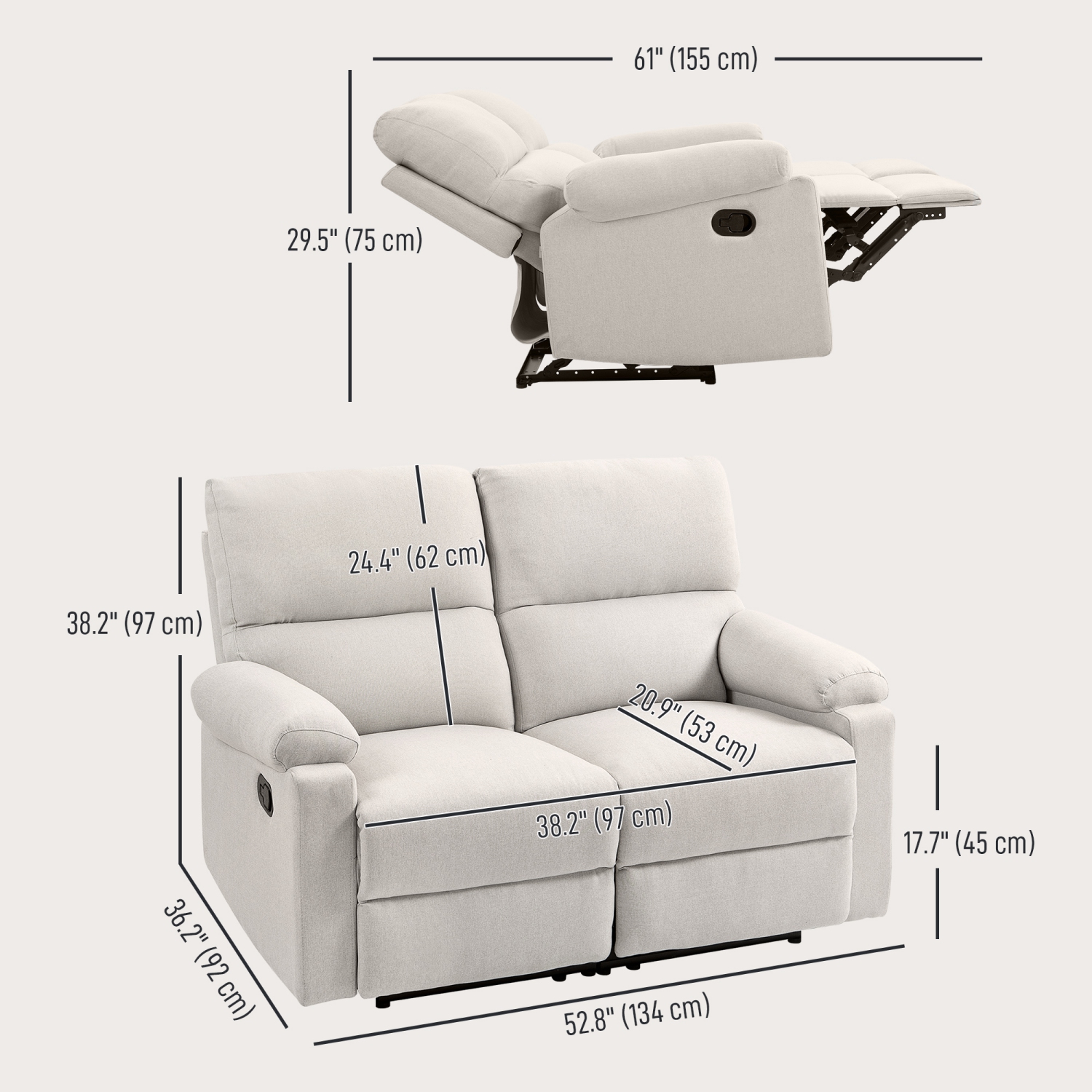HOMCOM – Causeuse inclinable double, fauteuil inclinable manuel à 2 places, canapé inclinable rembourré avec repose-pieds et dossier divisé, blanc
