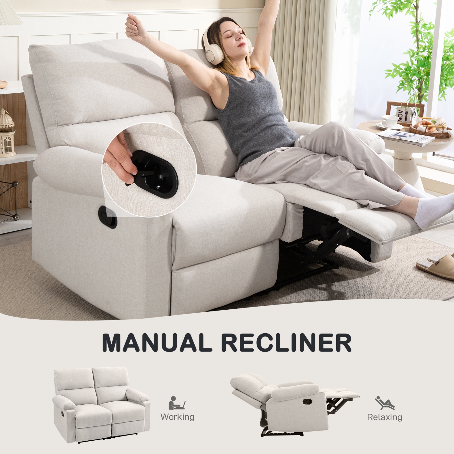 HOMCOM – Causeuse inclinable double, fauteuil inclinable manuel à 2 places, canapé inclinable rembourré avec repose-pieds et dossier divisé, blanc