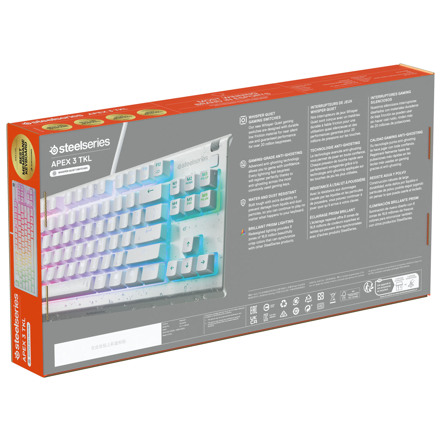SteelSeries Apex 3 Backlit TKL Ergonomic Gaming Keyboard - White - English