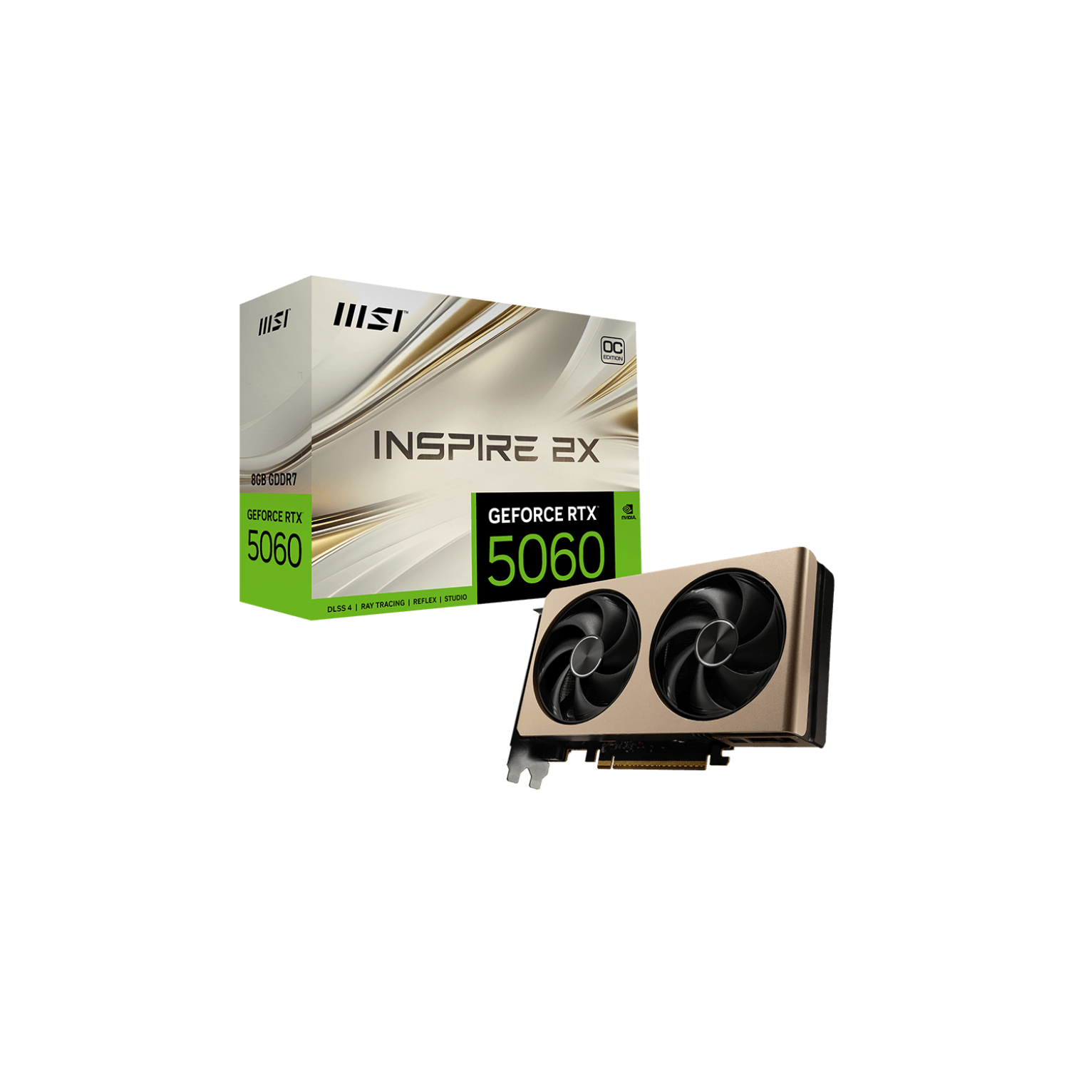 MSI RTX 5060 8G Inspire 2X OC Graphics Card (8GB GDDR7, 128-bit, Extreme Performance: 2550 MHz, DisplayPort x3 2.1a, HDMI 2.1b, NVIDIA Blackwell Architecture)
