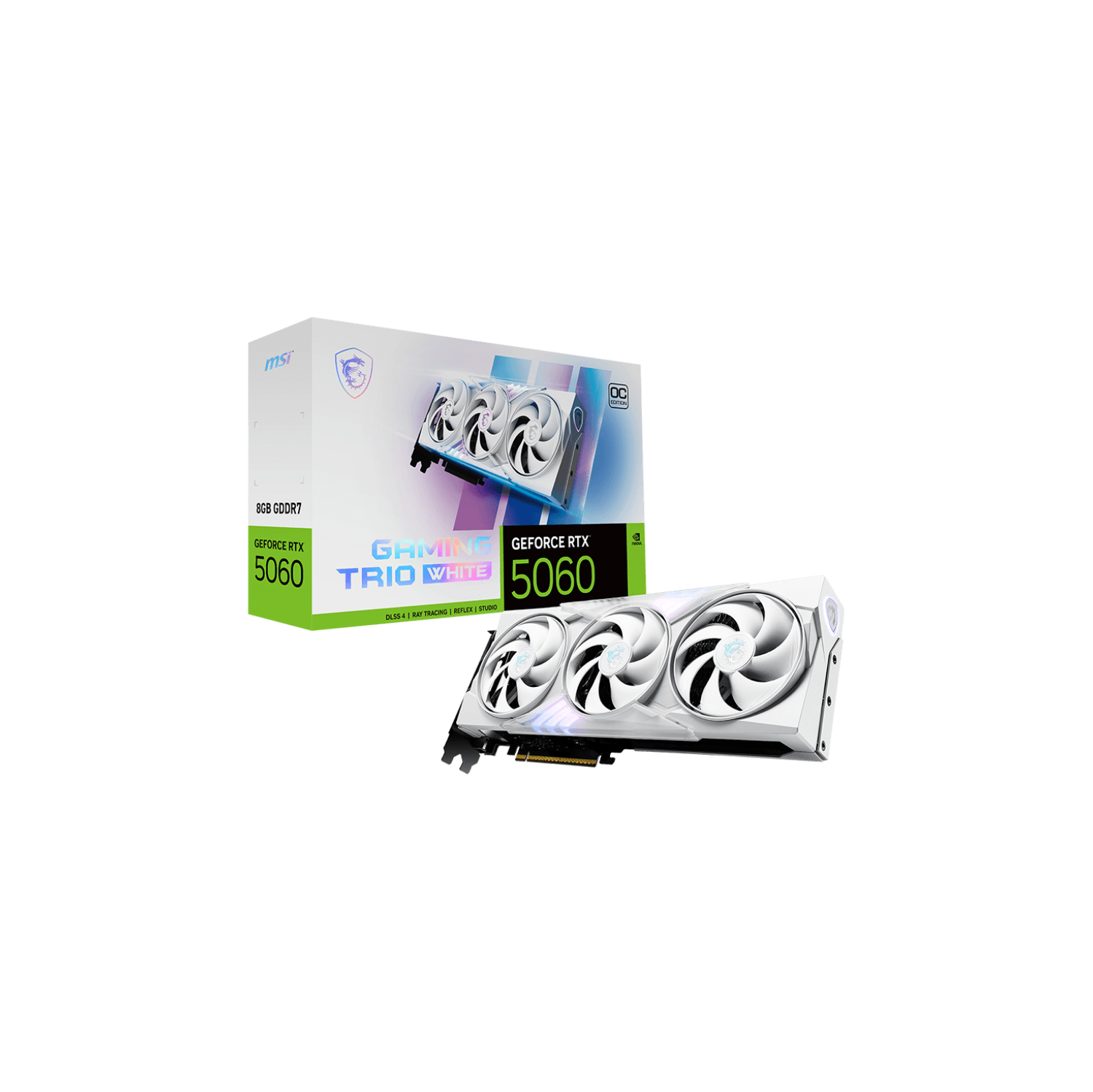 MSI Gaming RTX 5060 8G Gaming Trio OC White Graphics Card (8GB GDDR7, 128 -bit, Extreme Performance: 2625 MHz, DisplayPort x3 2.1a, HDMI 2.1b, NVIDIA Blackwell Architecture)
