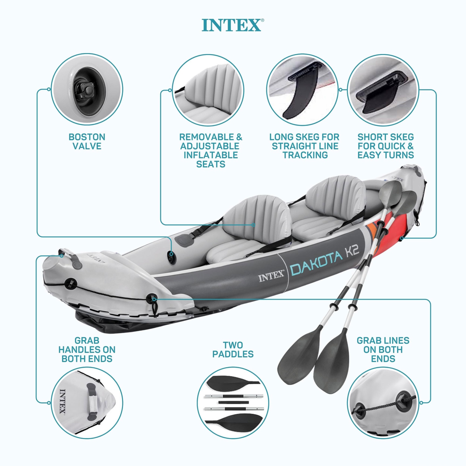 Kayak gonflable en vinyle pour 2&nbsp;personnes Dakota K2 d'Intex avec trousse d'accessoires, rames et pompe
