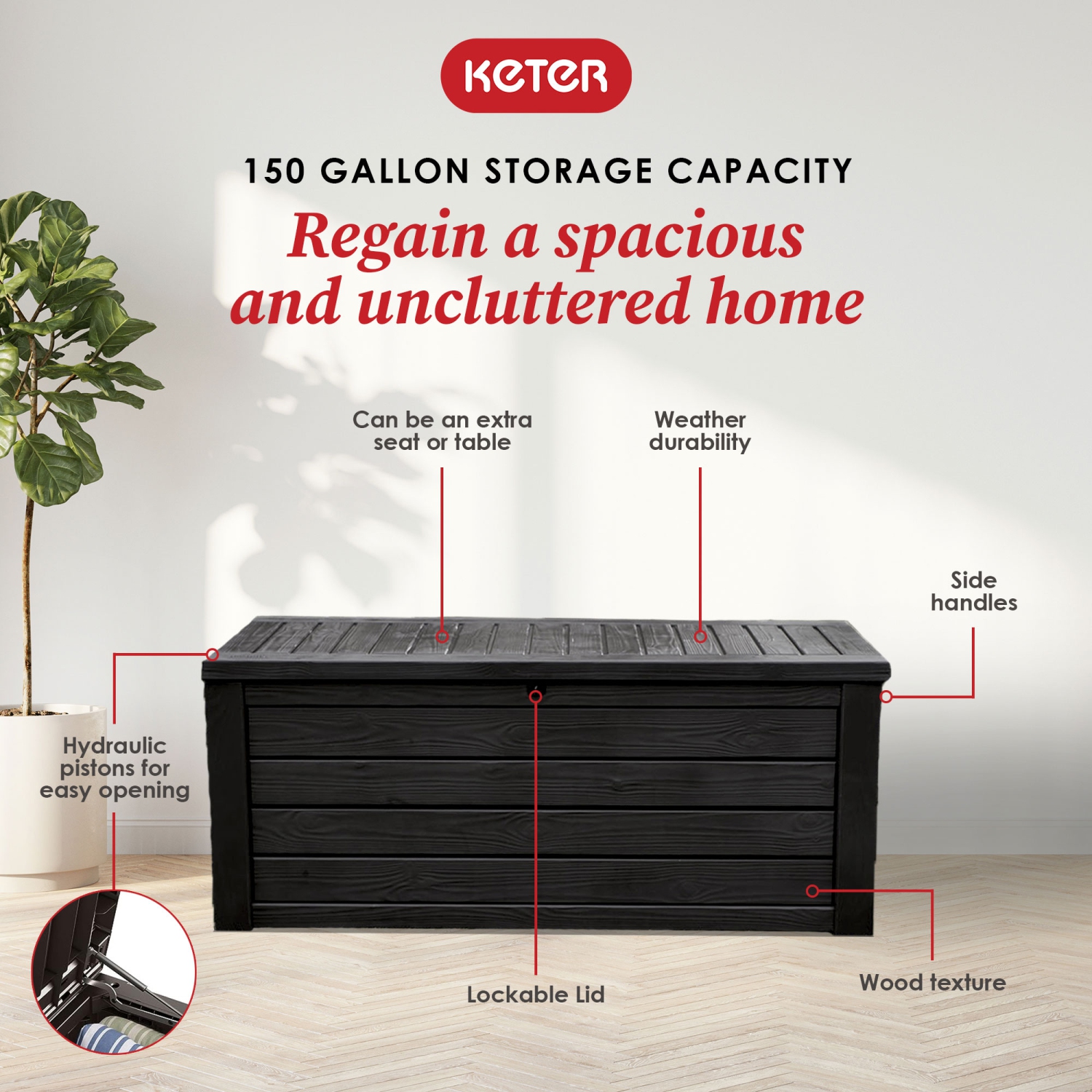 Keter Westwood – Boîte de rangement pour meubles d'extérieur en plastique, 150 gallons, gris foncé