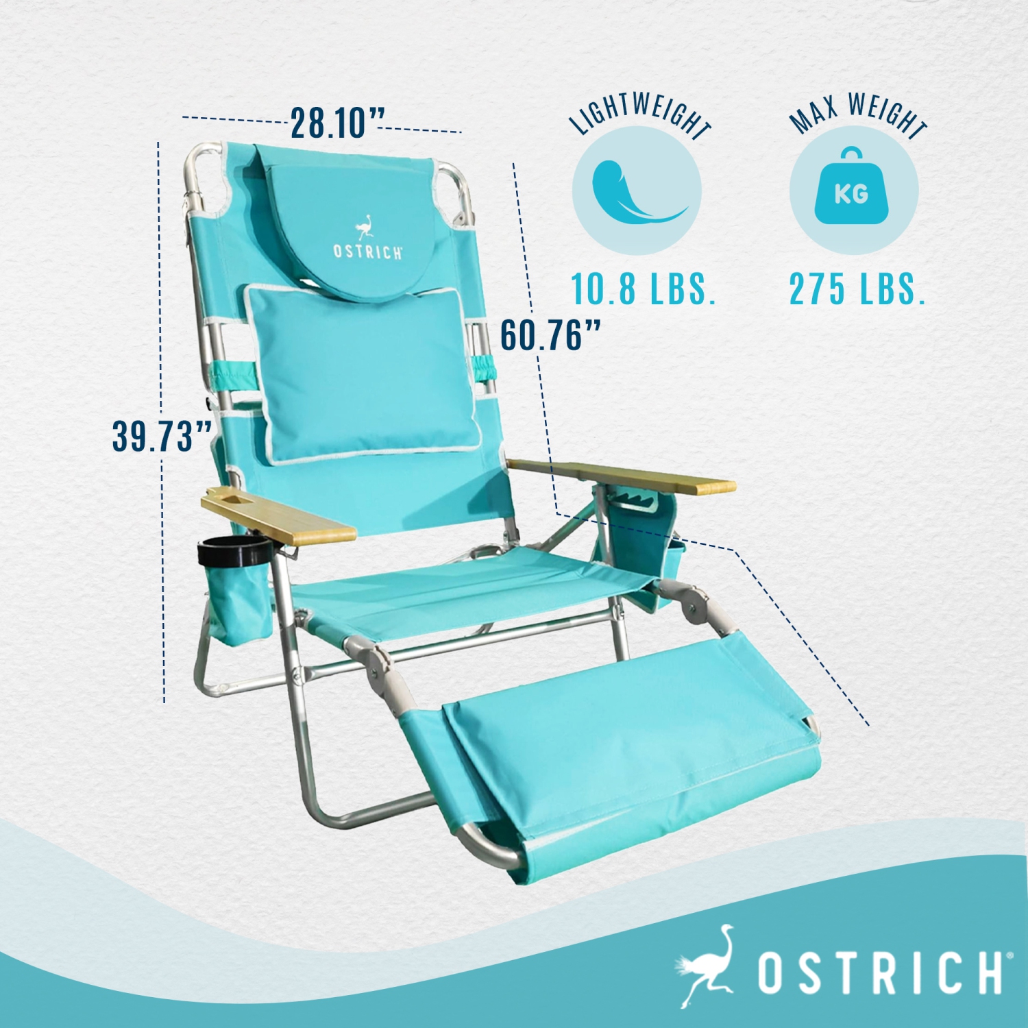 Ostrich Deluxe – Chaise longue de plage extérieure légère 3N1 avec repose-pieds, turquoise