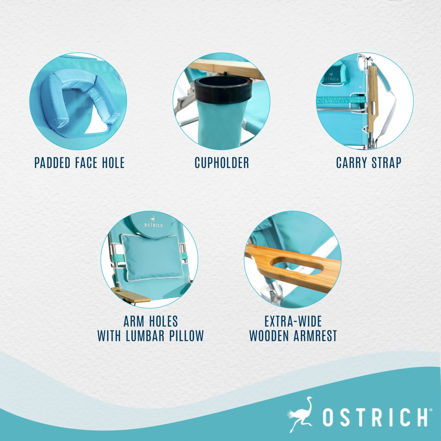 Ostrich Deluxe – Chaise longue de plage extérieure légère 3N1 avec repose-pieds, turquoise