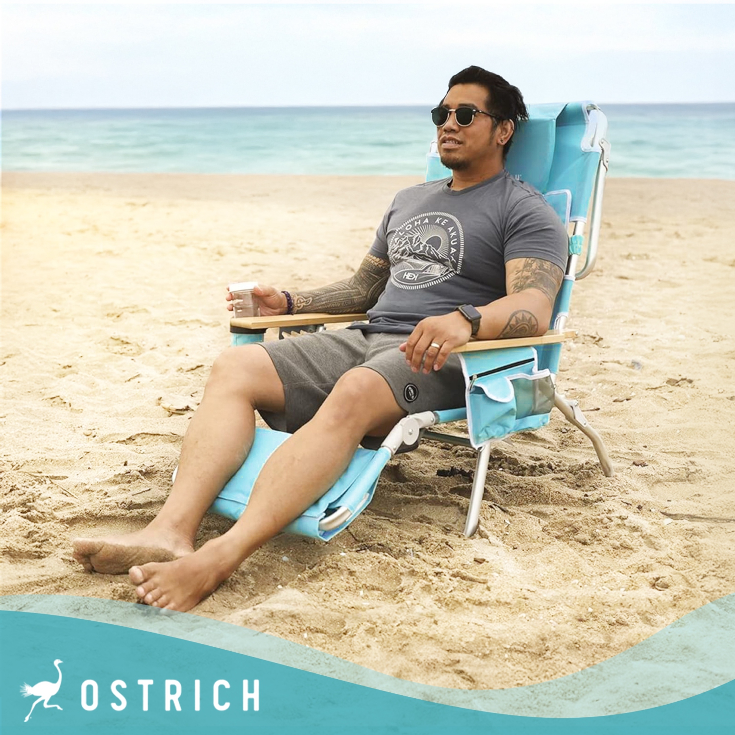 Ostrich Deluxe – Chaise longue de plage extérieure légère 3N1 avec repose-pieds, turquoise