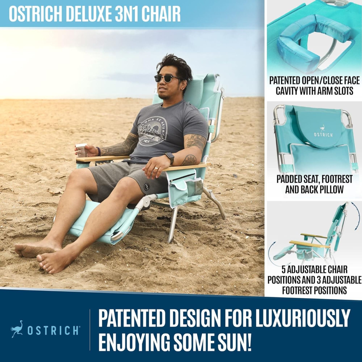 Ostrich Deluxe – Chaise longue de plage extérieure légère 3N1 avec repose-pieds, turquoise