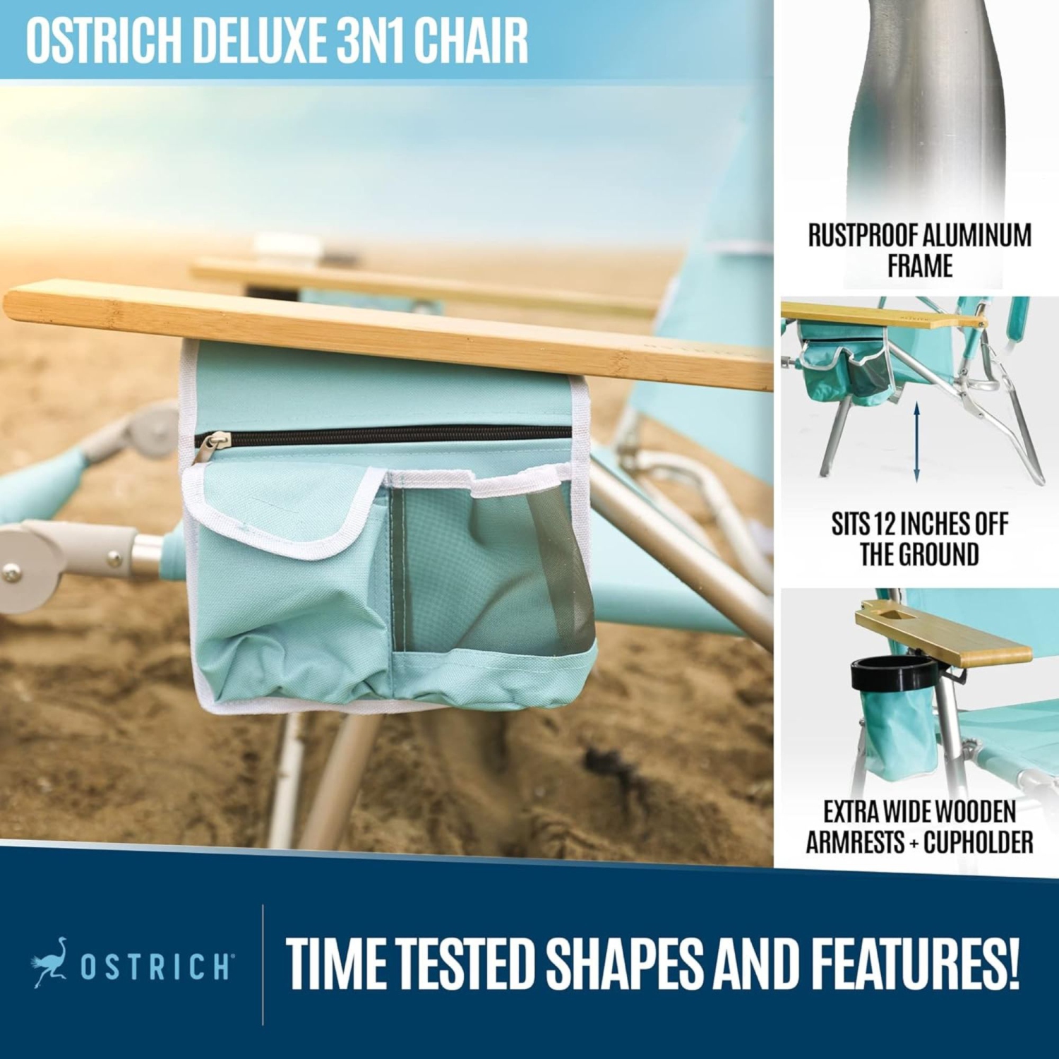 Ostrich Deluxe – Chaise longue de plage extérieure légère 3N1 avec repose-pieds, turquoise