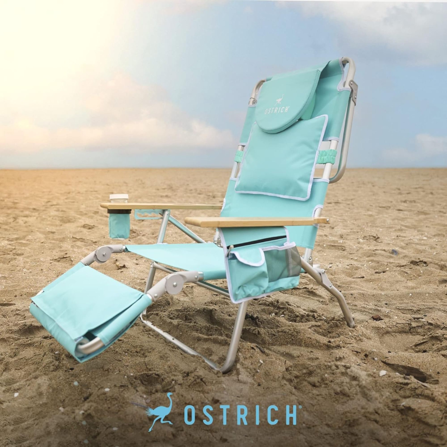 Ostrich Deluxe – Chaise longue de plage extérieure légère 3N1 avec repose-pieds, turquoise