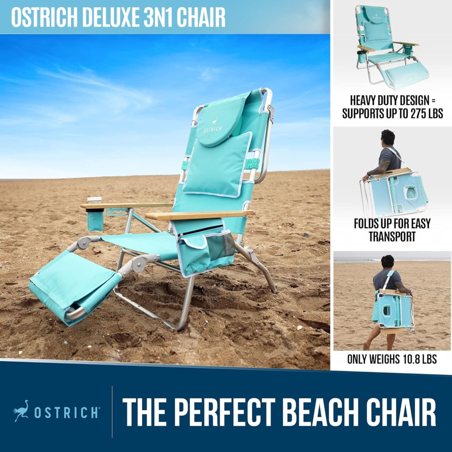 Ostrich Deluxe – Chaise longue de plage extérieure légère 3N1 avec repose-pieds, turquoise