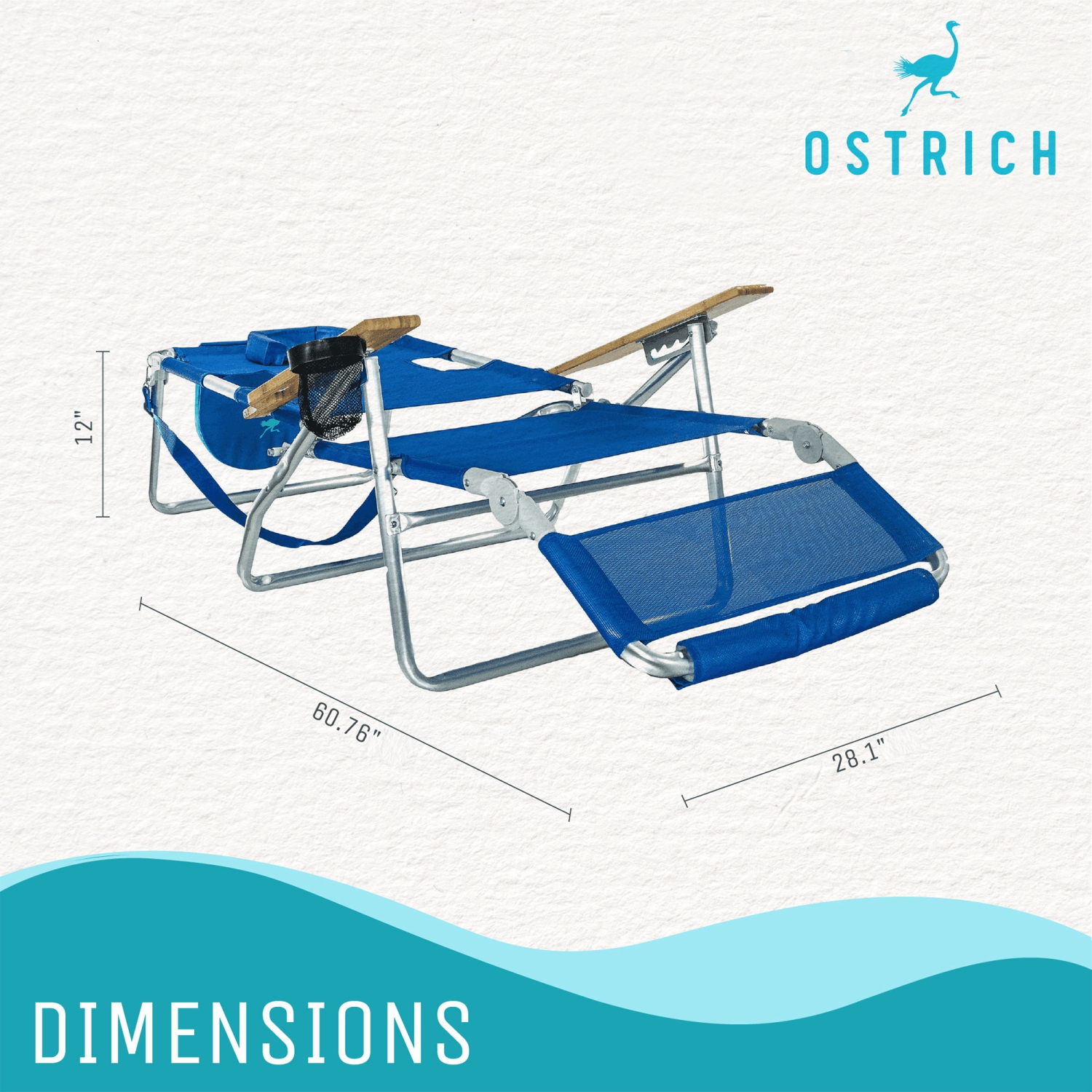 Ostrich Original – Chaise longue de plage d'extérieur légère 3N1 avec repose-pieds, bleu