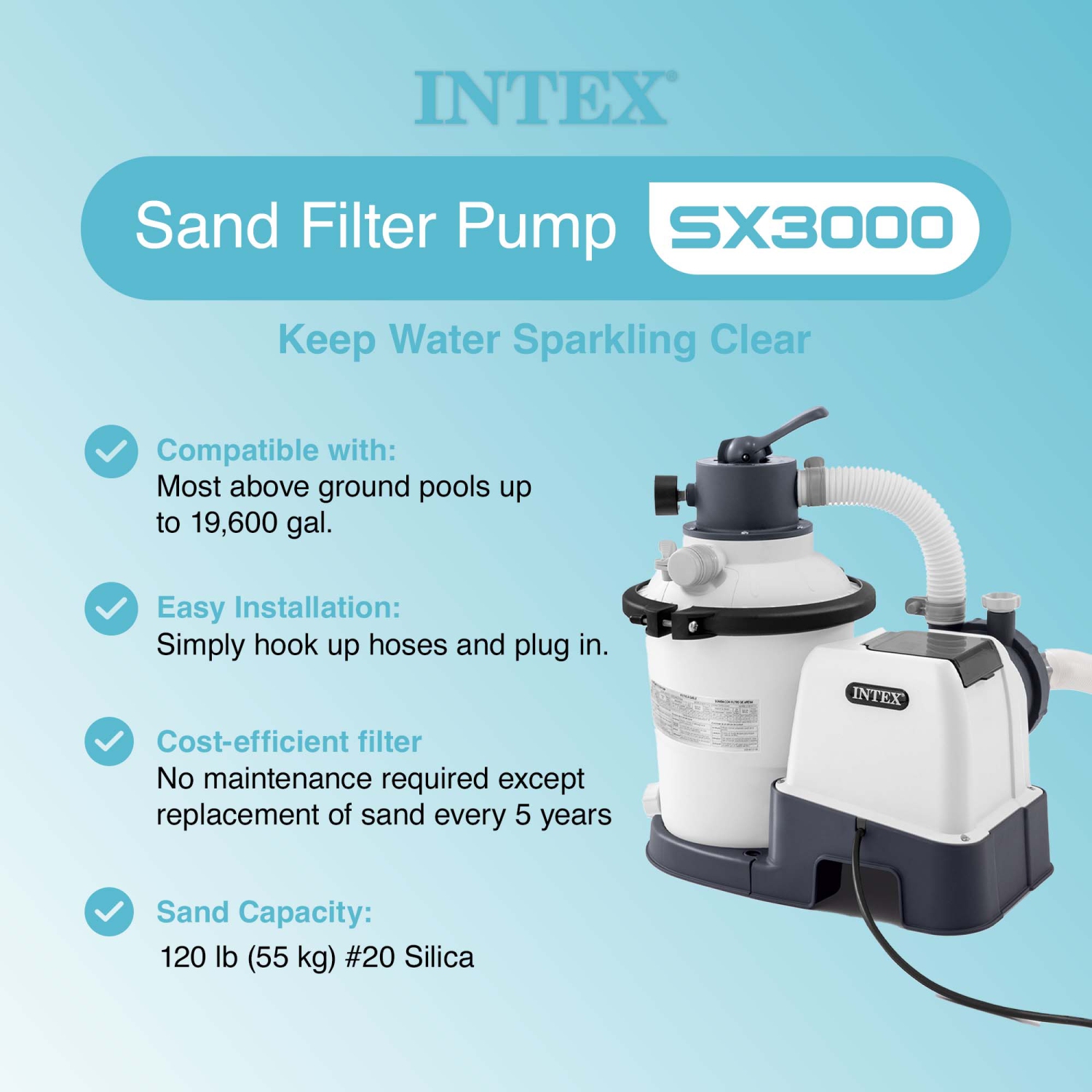 INTEX 3000 GPH Above Ground Pool Sand Filter Pump w/ 1.5 Inch Pump Hose