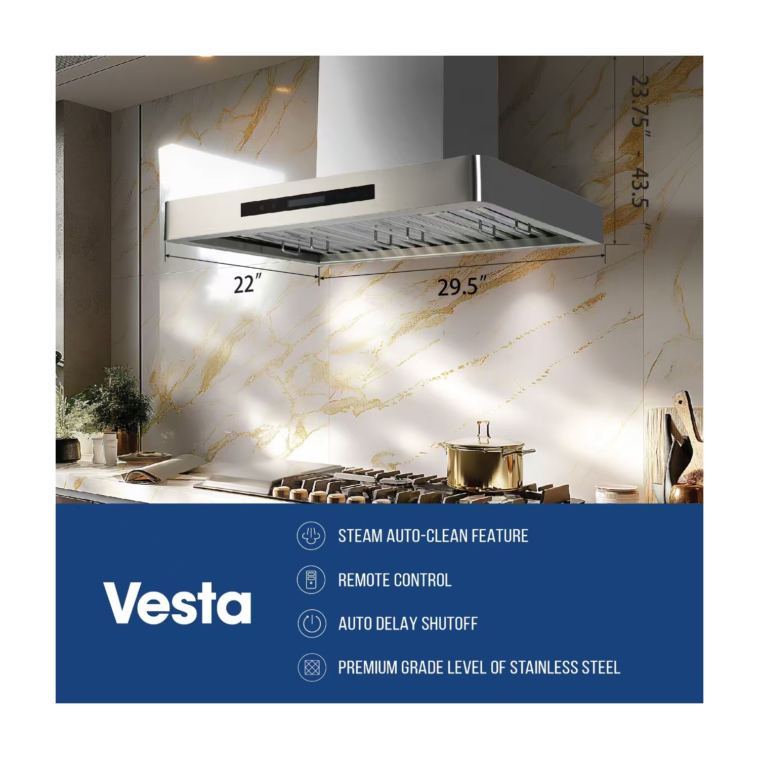 Vesta Paris 36" Wall Mount 900CFM 4-Speed Stainless Steel Silver Range Hood