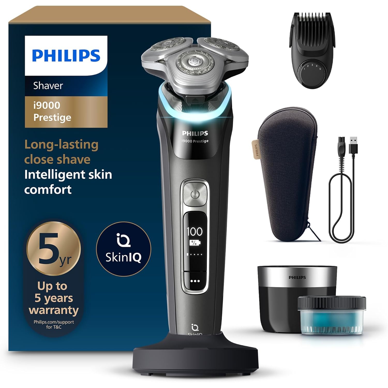 Philips Electric Shaver Series i9000 Prestige, Wet & Dry with 360° Precision Flexing Head & Triple Action Lift & Cut, Ink Black, AMZ Exclusive,