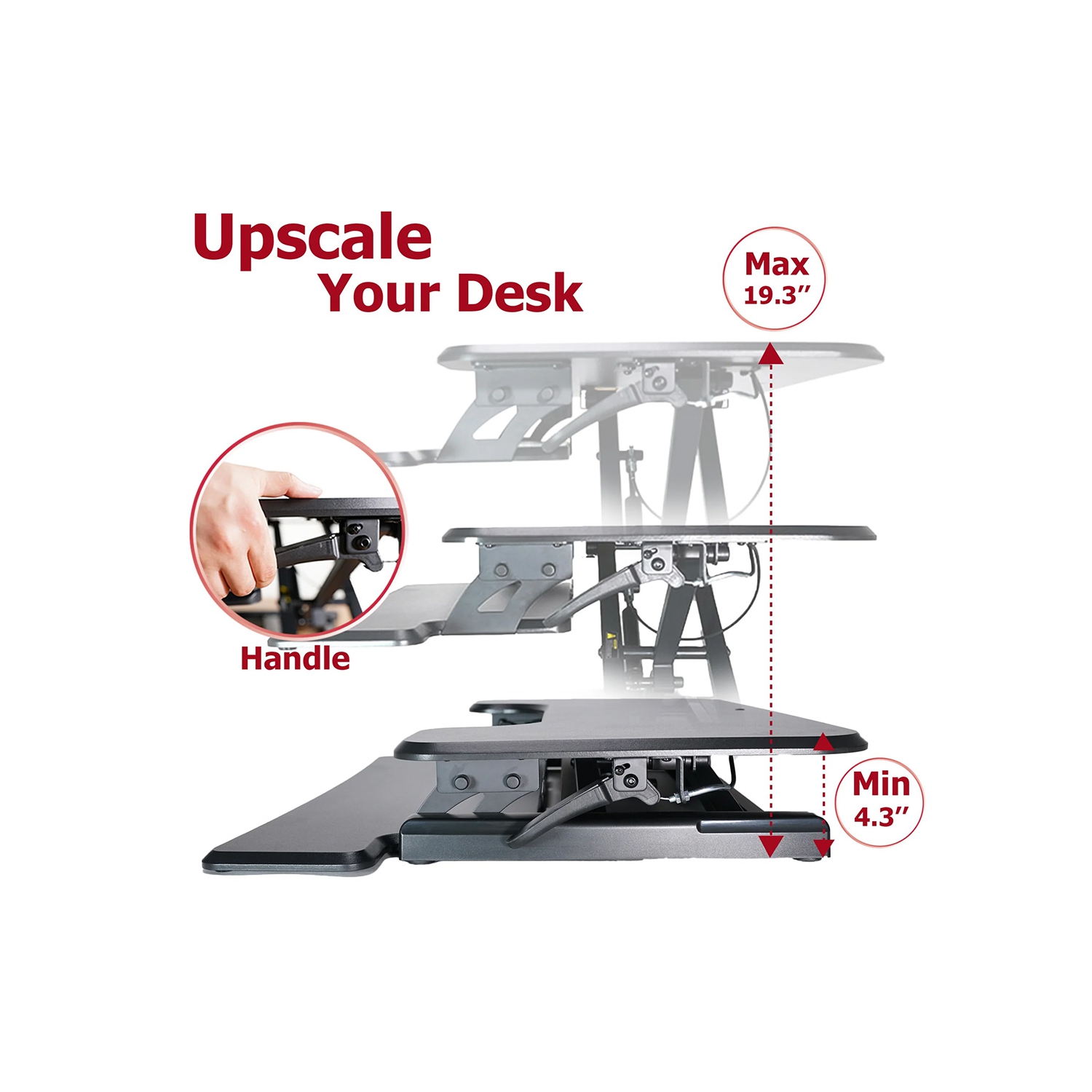 Surélévateur de bureau assis/debout réglable | Plateau supérieur de 33 po de large | Capacité de 35 lb | Hauteur ergonomique de 4,3 à 19,3 po |