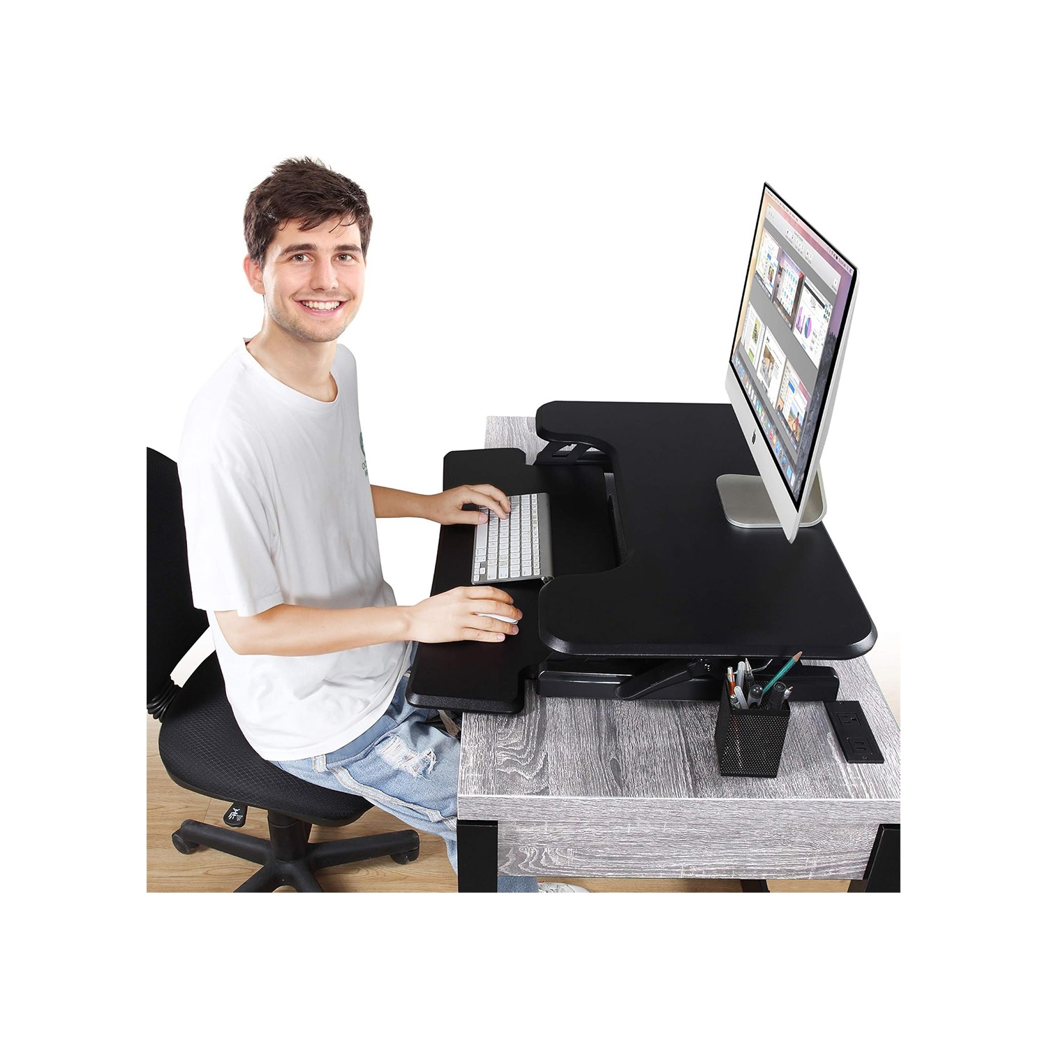 Surélévateur de bureau assis/debout réglable | Plateau supérieur de 33 po de large | Capacité de 35 lb | Hauteur ergonomique de 4,3 à 19,3 po |
