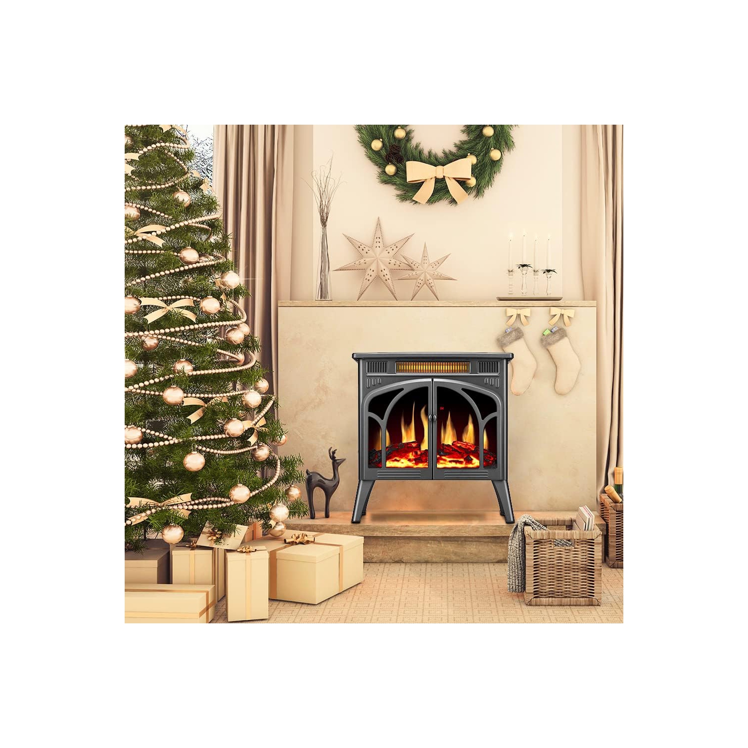 Réchaud électrique autoportant avec flamme 3D, télécommande, foyer électrique, infrarouge, système de sécurité contre la surchauffe,