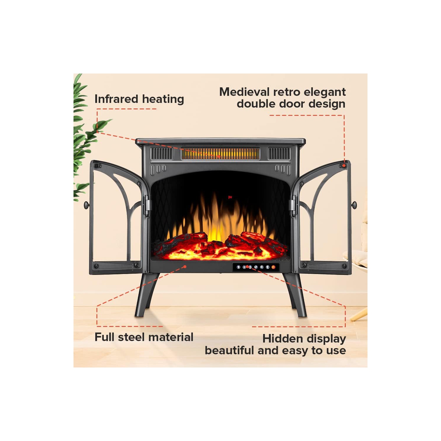 Réchaud électrique autoportant avec flamme 3D, télécommande, foyer électrique, infrarouge, système de sécurité contre la surchauffe,