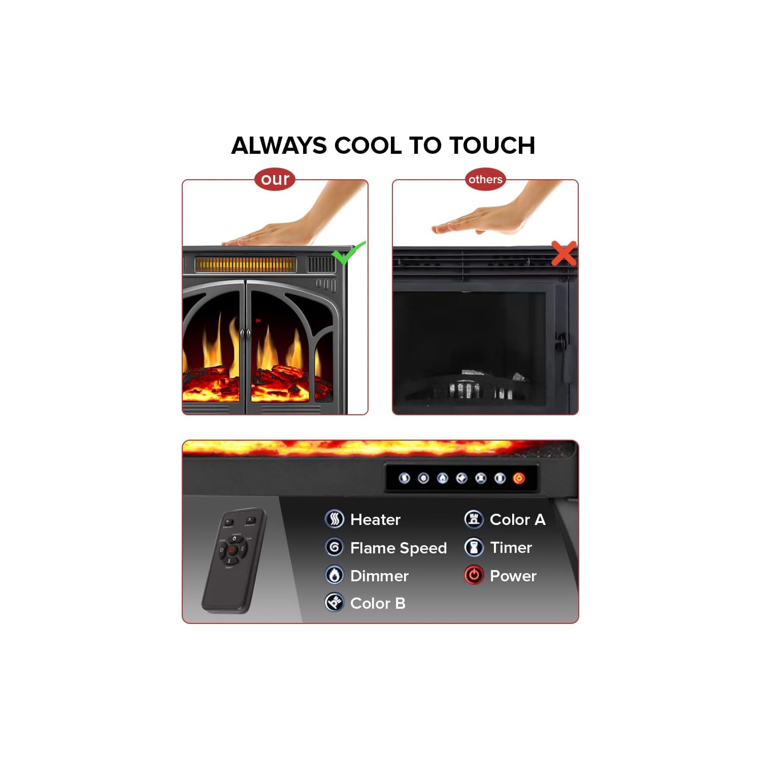 Réchaud électrique autoportant avec flamme 3D, télécommande, foyer électrique, infrarouge, système de sécurité contre la surchauffe,