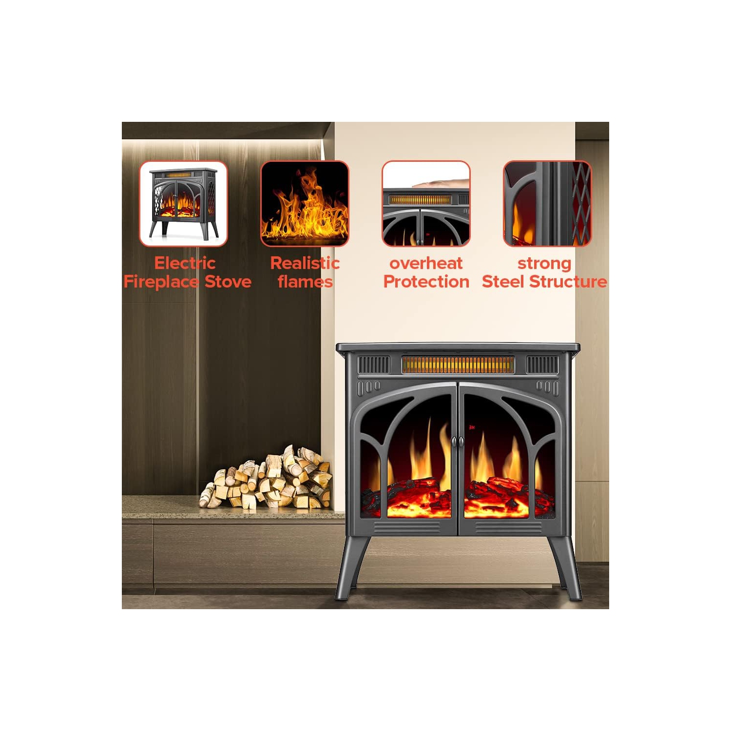 Réchaud électrique autoportant avec flamme 3D, télécommande, foyer électrique, infrarouge, système de sécurité contre la surchauffe,