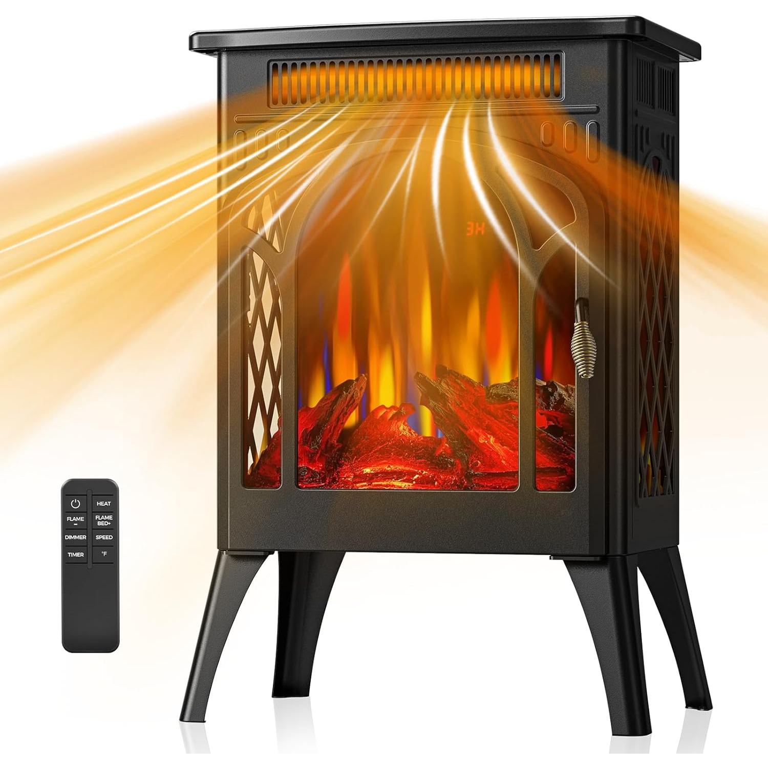 COWSAR Electric Fireplaces, 1500W Electric Stove Heater, 4 Realistic Flames, Remote Control, 8H Timer, Fireplace Heater for Indoor Use, 5100 BTU