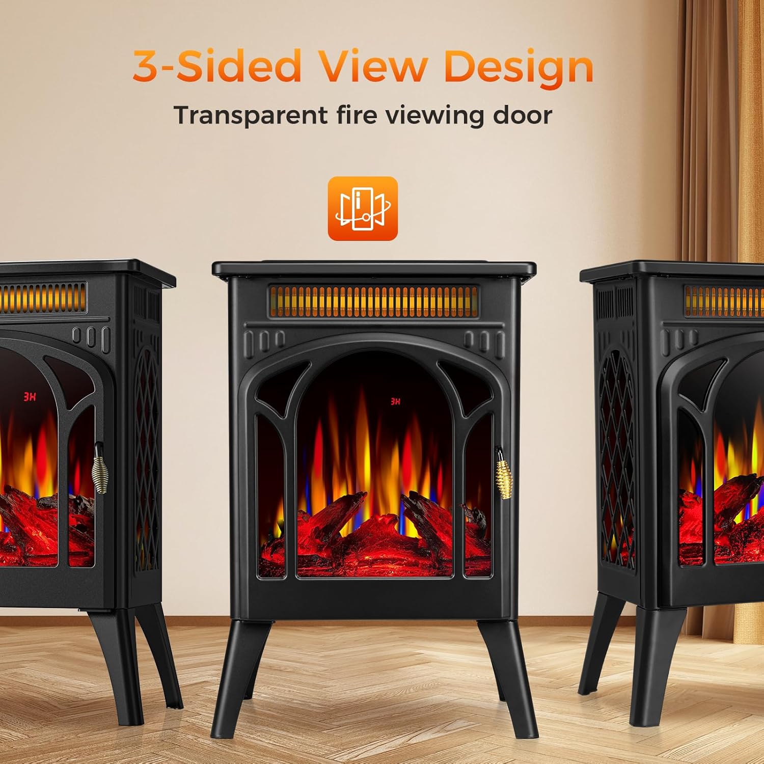 COWSAR Electric Fireplaces, 1500W Electric Stove Heater, 4 Realistic Flames, Remote Control, 8H Timer, Fireplace Heater for Indoor Use, 5100 BTU