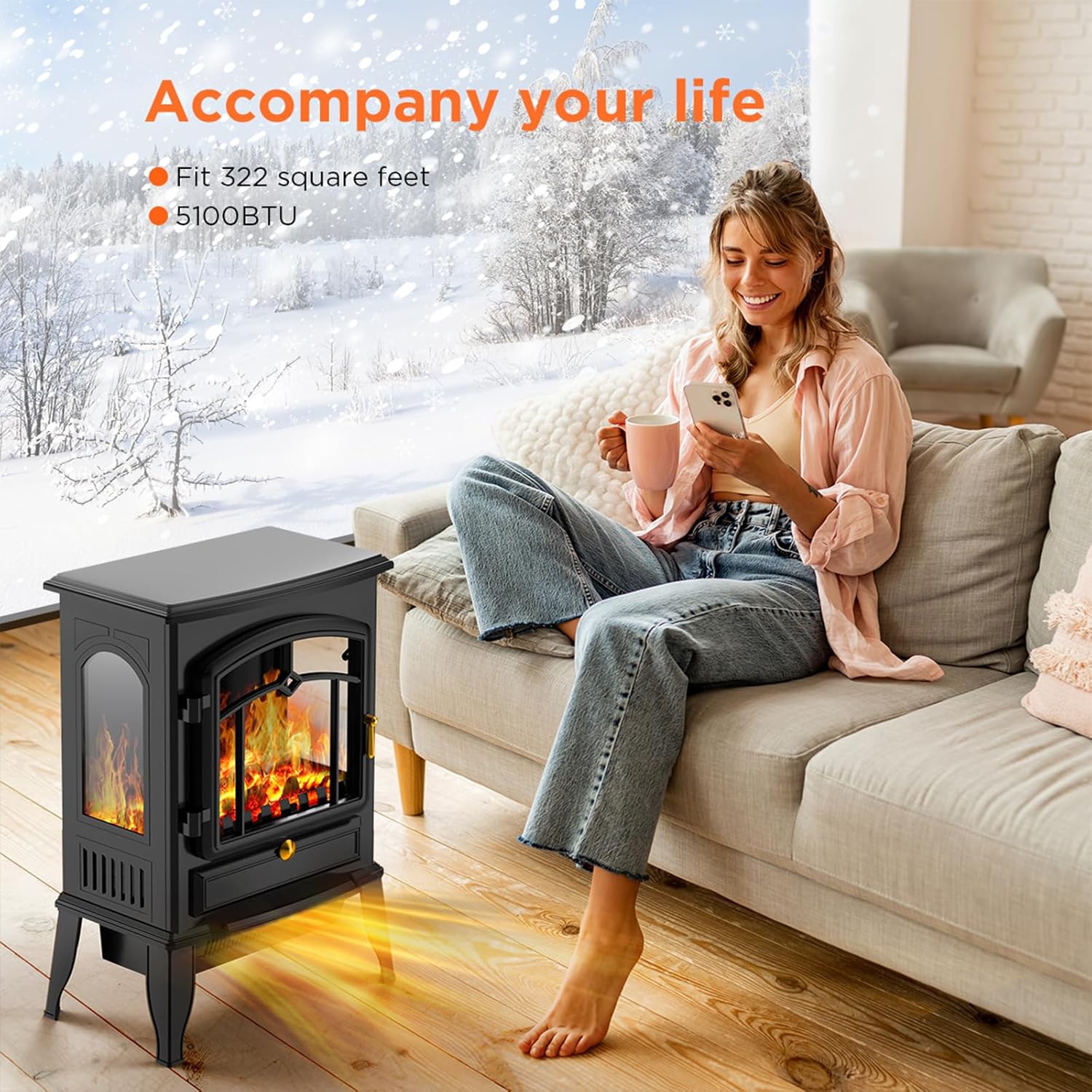 COWSAR Electric Fireplace Stove, Freestanding Fireplace Heater with Realistic Flame, 1000/1500W Fireplace Heater, Overheating Safety Device,