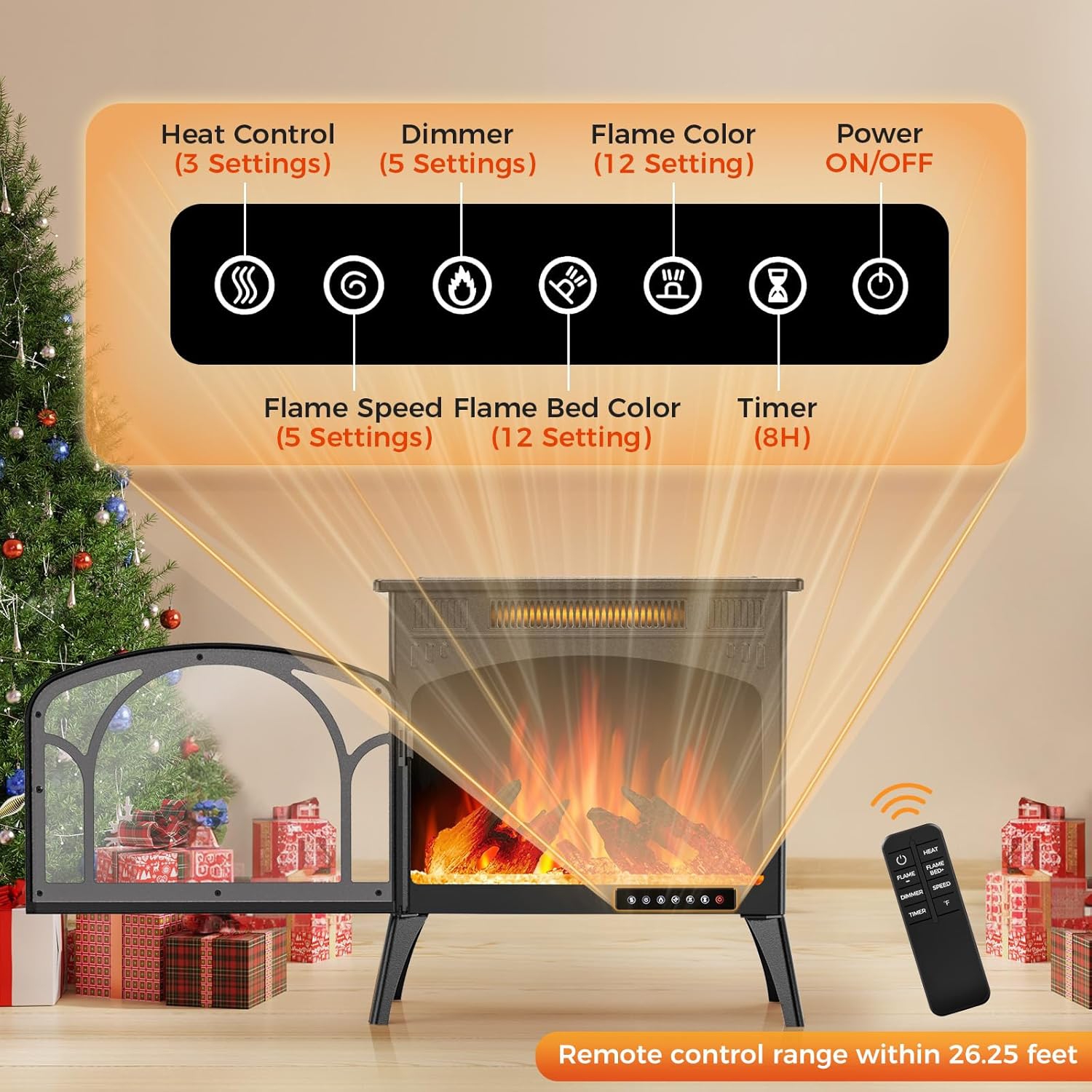 Réchaud électrique à flamme réaliste COWSAR, radiateur-foyer autonome 500/1500W avec télécommande et minuterie, foyer réglable couleur et vitesse,