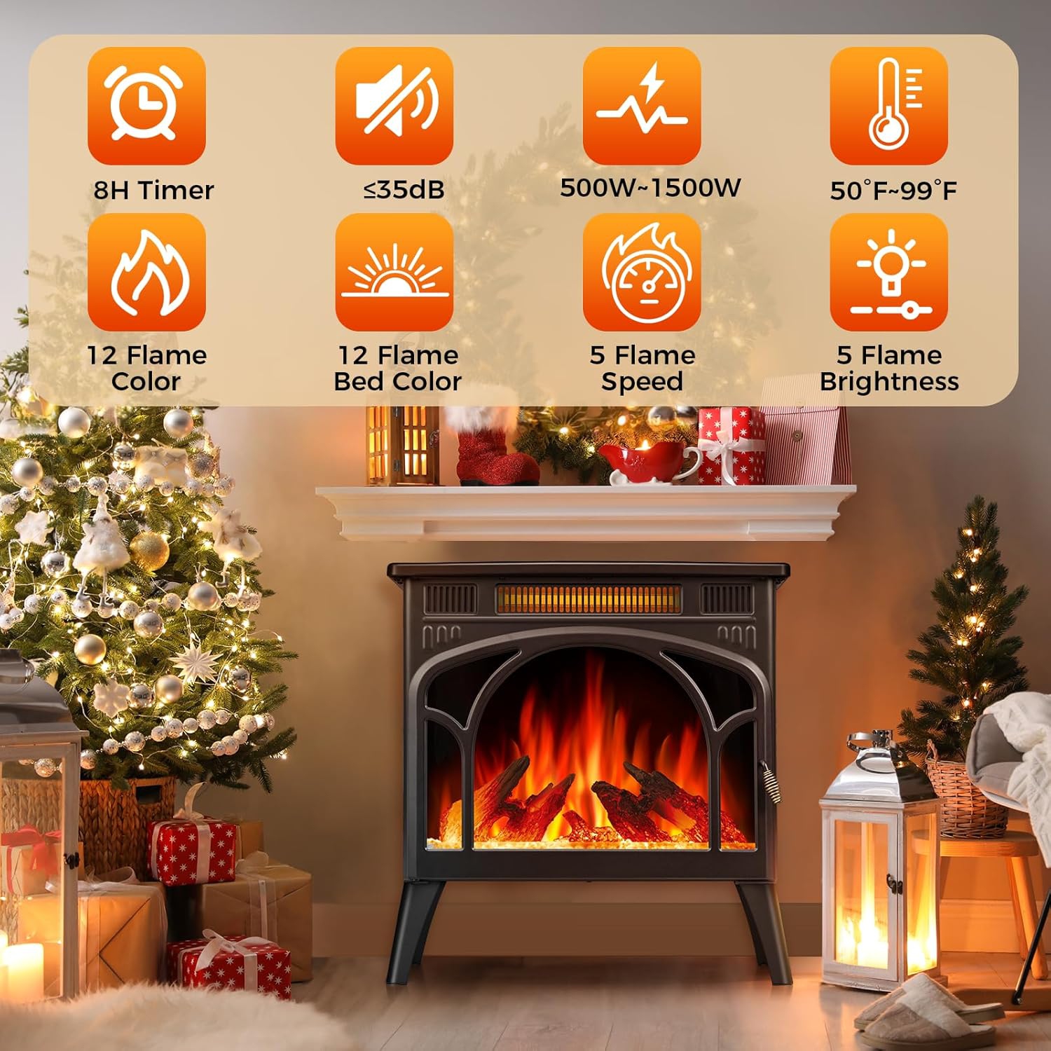Réchaud électrique à flamme réaliste COWSAR, radiateur-foyer autonome 500/1500W avec télécommande et minuterie, foyer réglable couleur et vitesse,