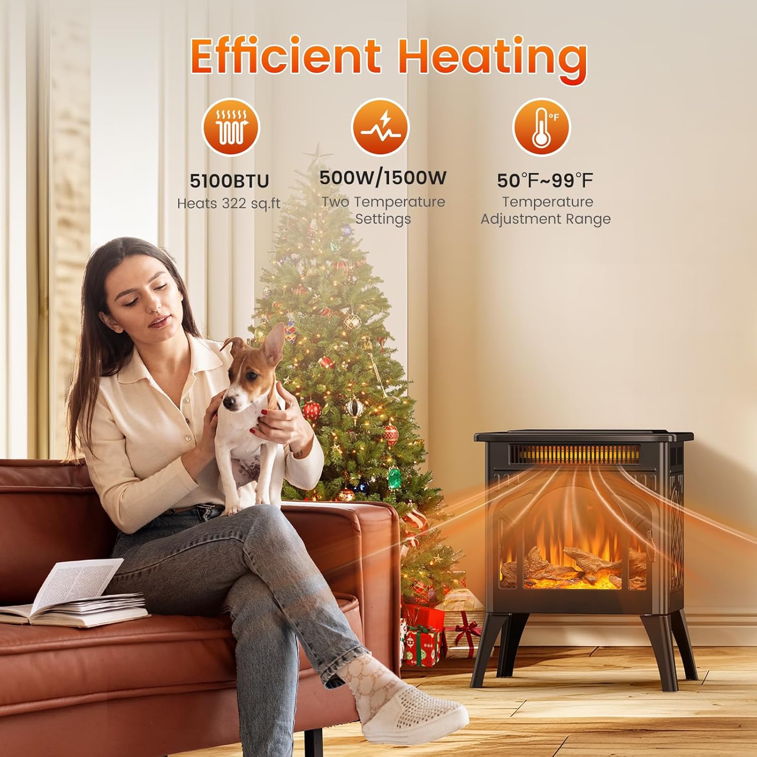 COWSAR Electric Fireplace Heater, 5100BTU/1500W Infrared Fireplace Stove with Remote Control, Realistic 3D Flame Effects, 8H Timer, Easy to Install,
