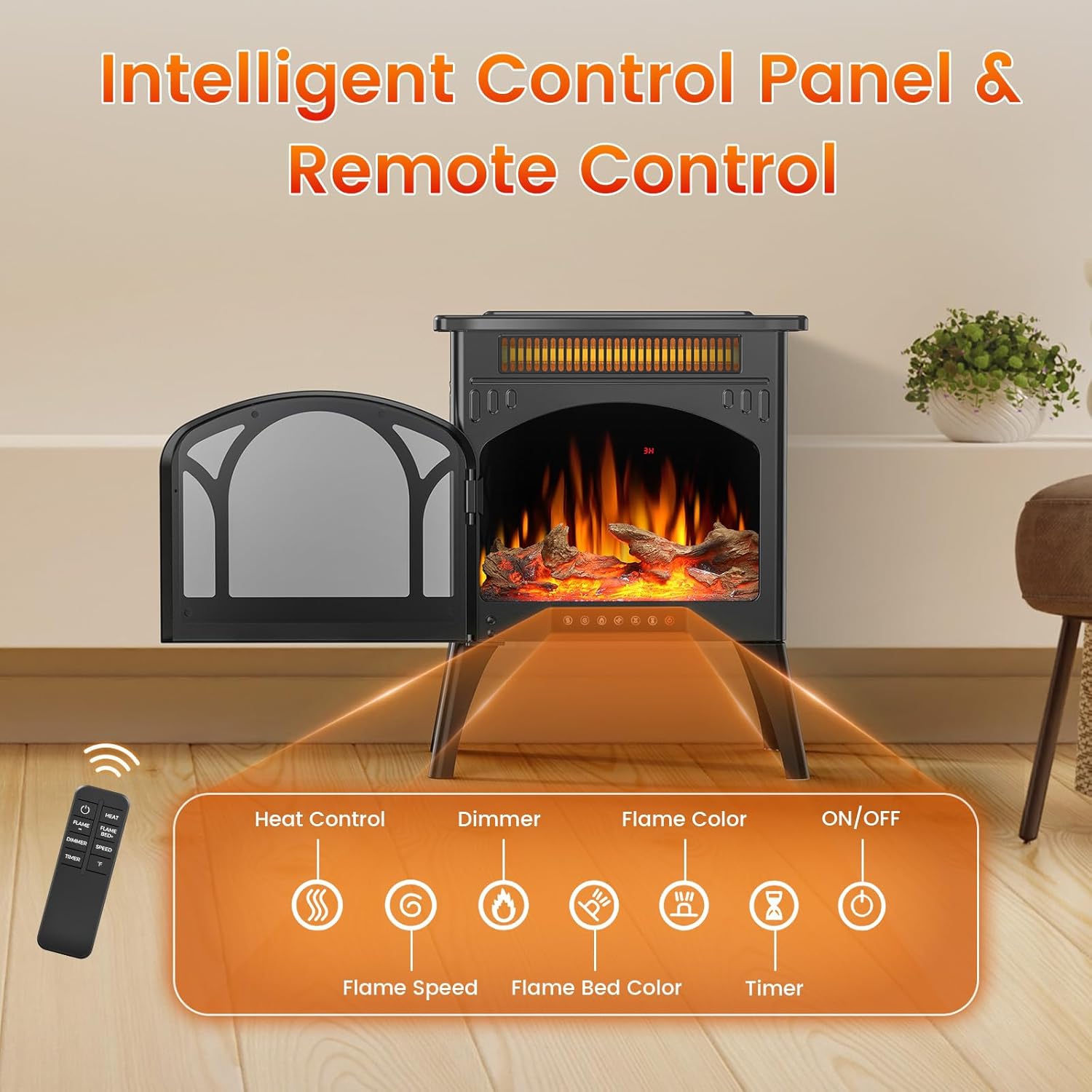 COWSAR Electric Fireplace Heater, 5100BTU/1500W Infrared Fireplace Stove with Remote Control, Realistic 3D Flame Effects, 8H Timer, Easy to Install,