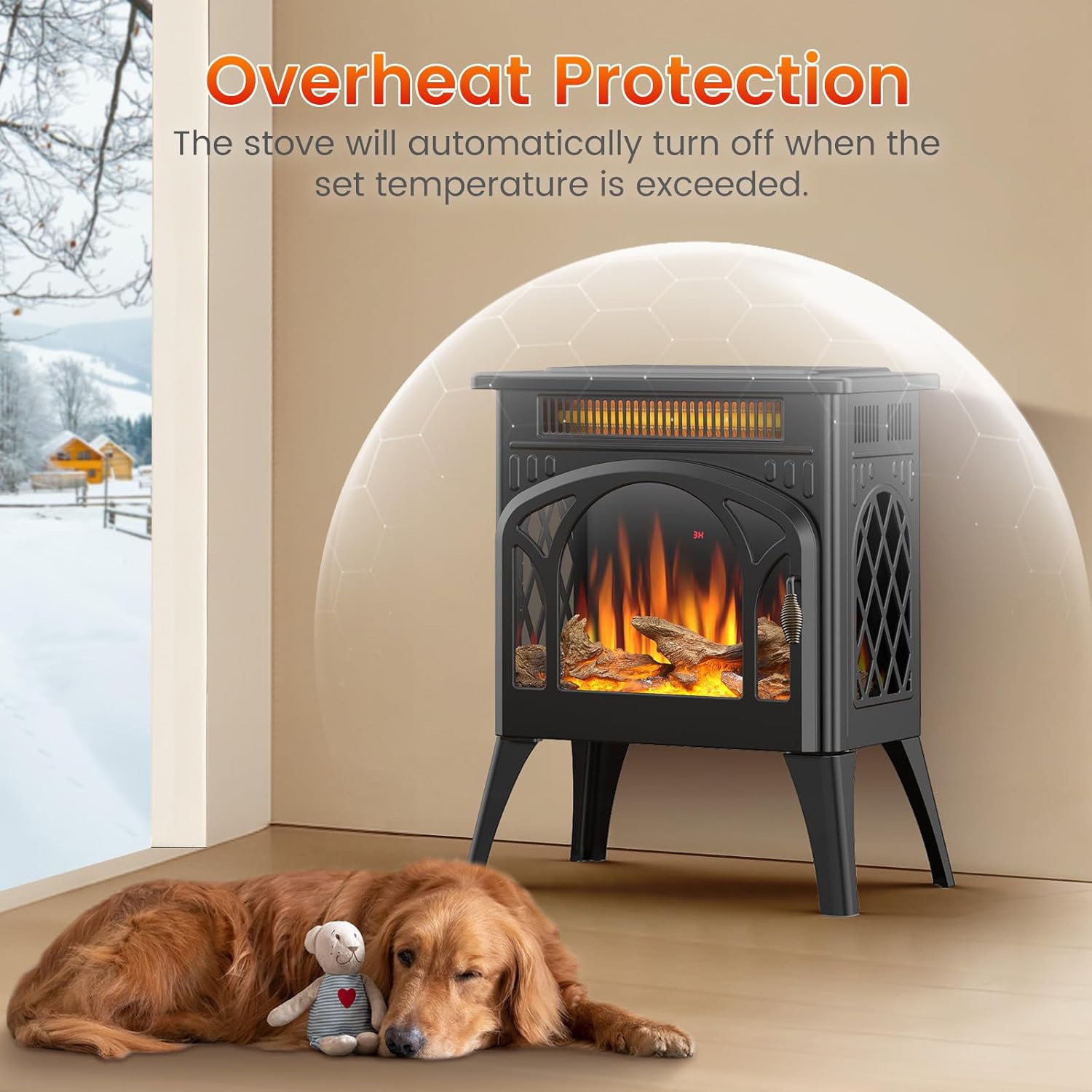 COWSAR Electric Fireplace Heater, 5100BTU/1500W Infrared Fireplace Stove with Remote Control, Realistic 3D Flame Effects, 8H Timer, Easy to Install,