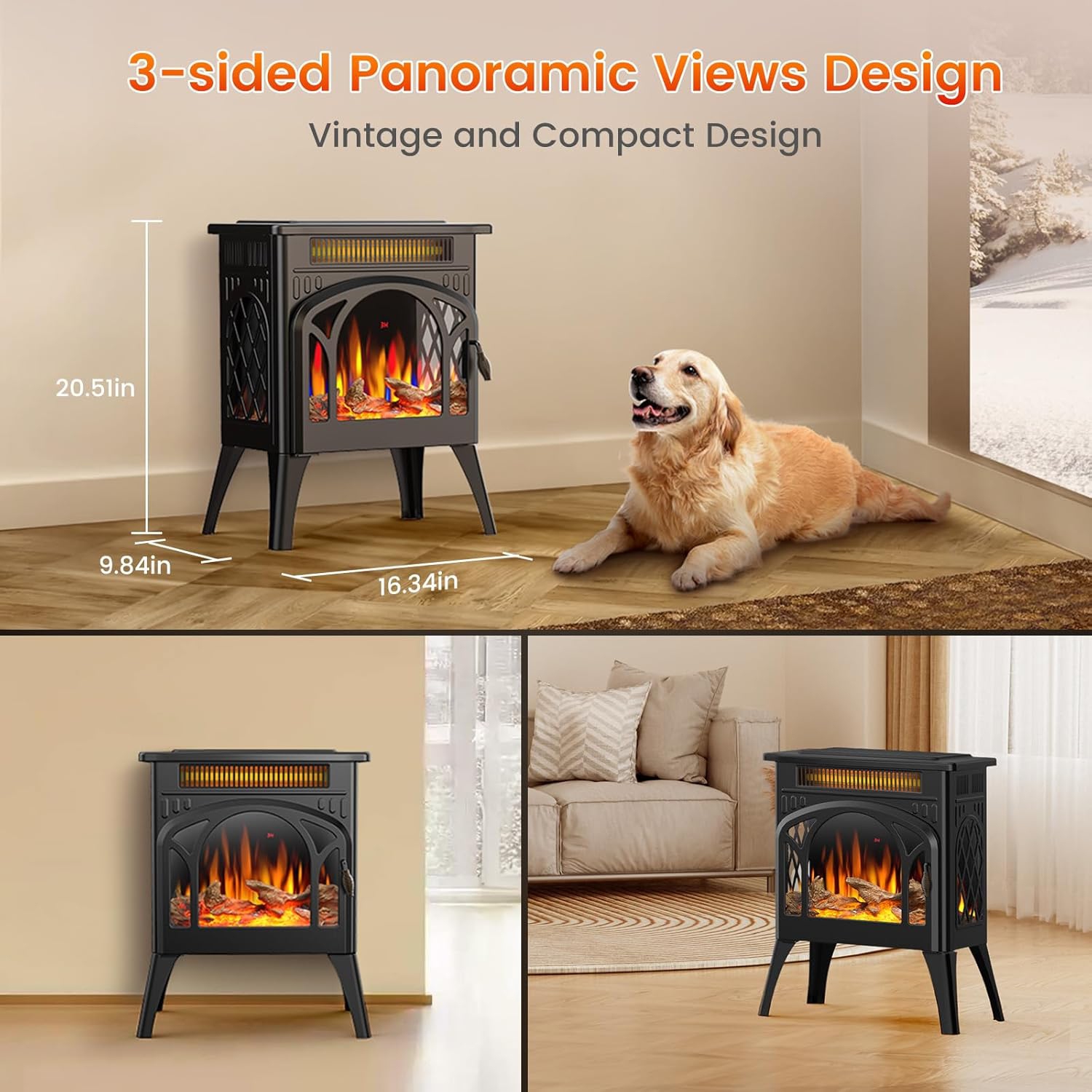 COWSAR Electric Fireplace Heater, 5100BTU/1500W Infrared Fireplace Stove with Remote Control, Realistic 3D Flame Effects, 8H Timer, Easy to Install,