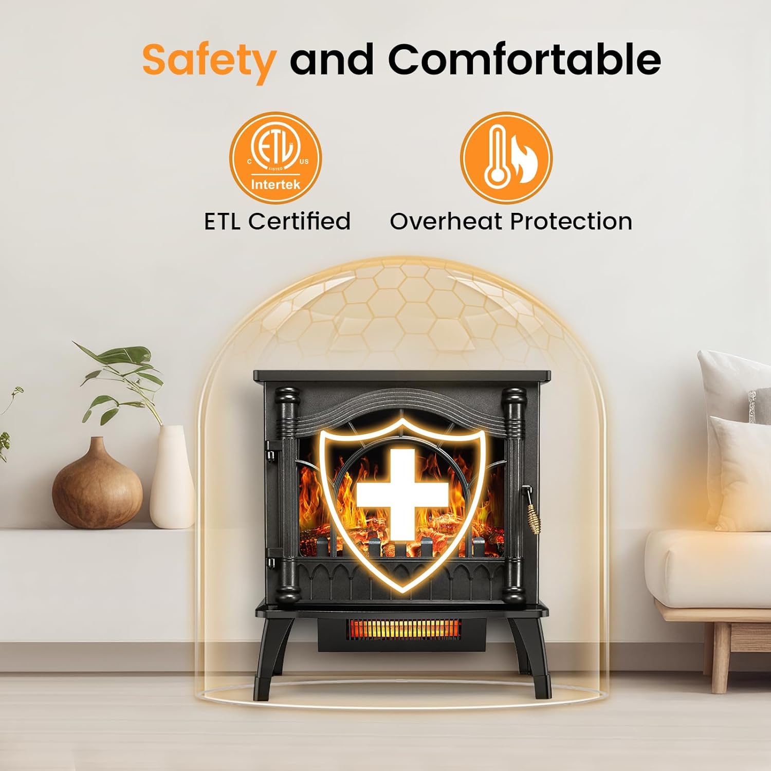 COWSAR Electric Fireplace Heater, 20'' Infrared Fireplace Heater 1000/1500W, 3D Realistic Flames Effect, ETL Certificated & Low Noise, Adjustable