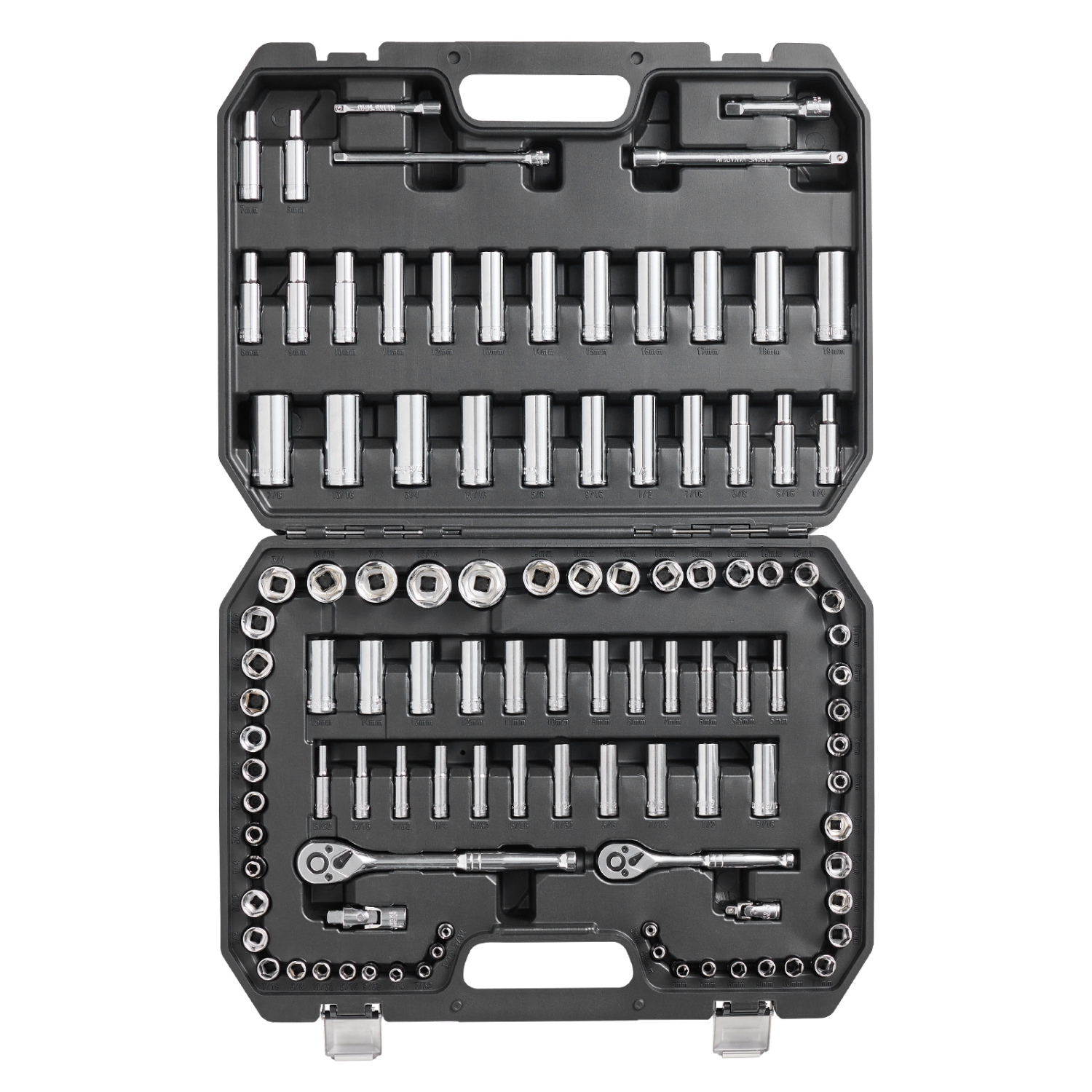 VEVOR 1/4" et 3/8" Ensemble de prises et de cliquets, 6-Point Ouverture de la prise, 106 Jeu d'outils Pcs SAE et métrique, Chaussettes standard, 5/32-1 en, 5-19 mm, avec accessoires, boîtier de rangement