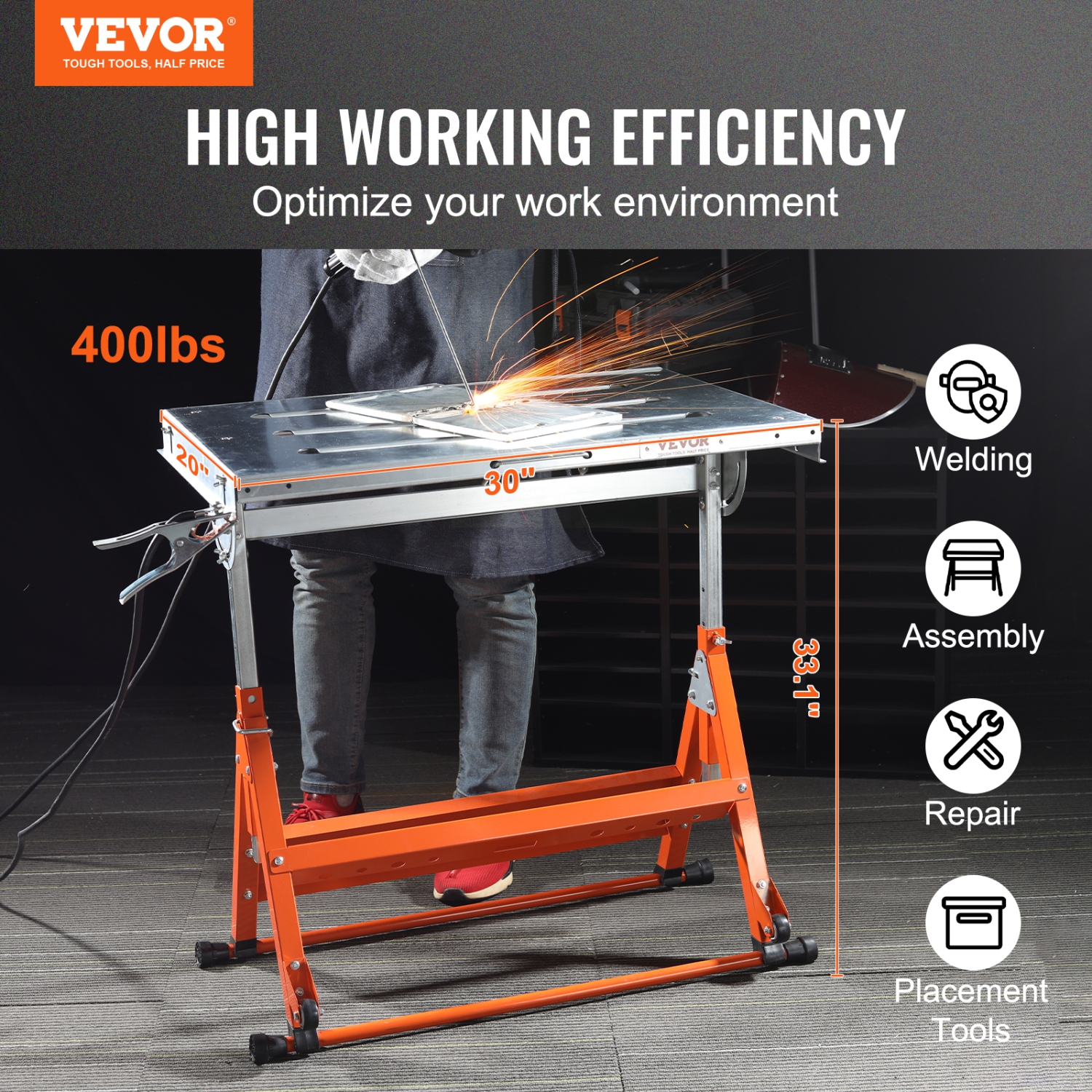 VEVOR 30" x 20" 400lbs Load Capacity Steel Welding Workbench Table on Wheels, Folding Work Bench with Three 1.1" Slot, 3 Tilt Angles, Adjustable