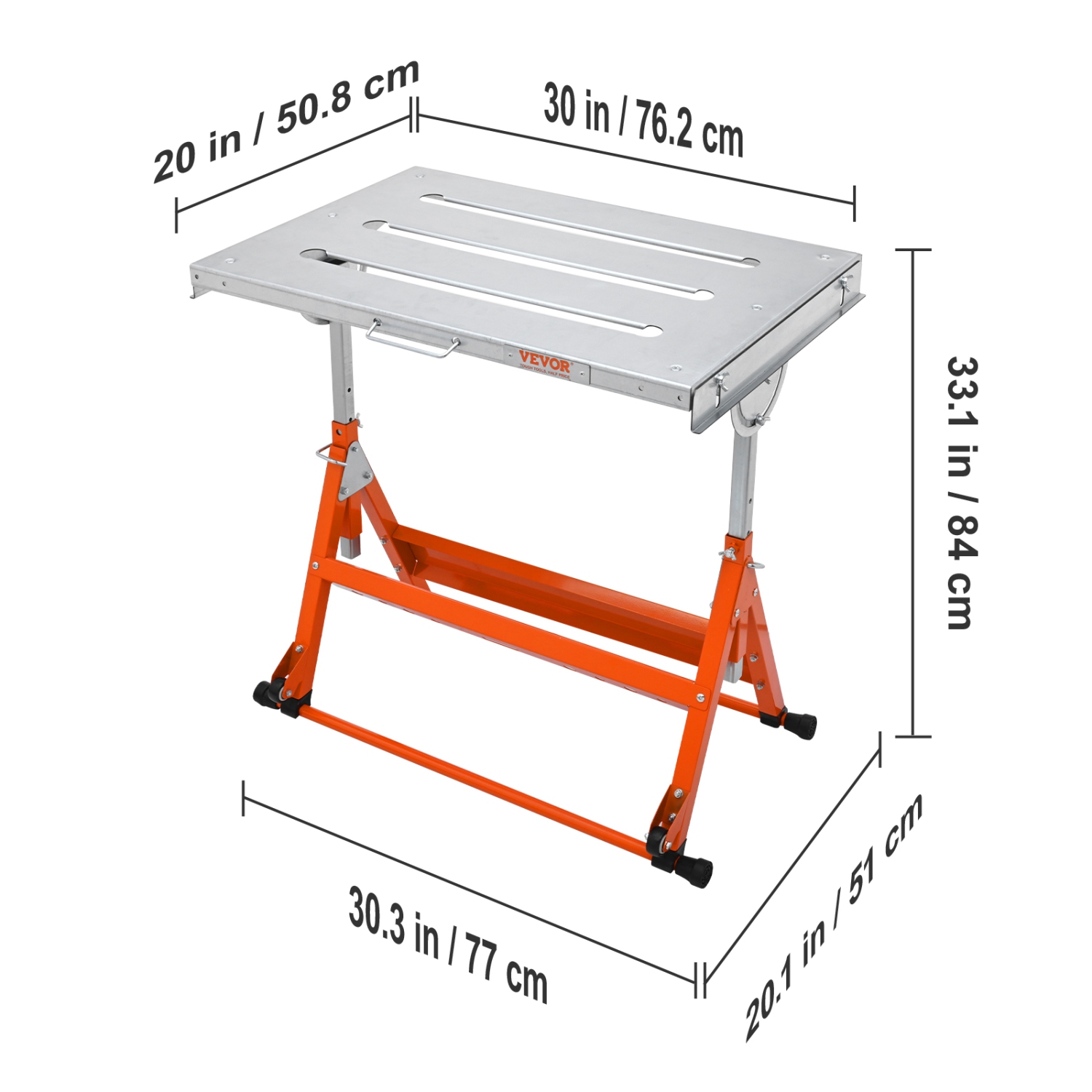 VEVOR 30" x 20" 400lbs Load Capacity Steel Welding Workbench Table on Wheels, Folding Work Bench with Three 1.1" Slot, 3 Tilt Angles, Adjustable