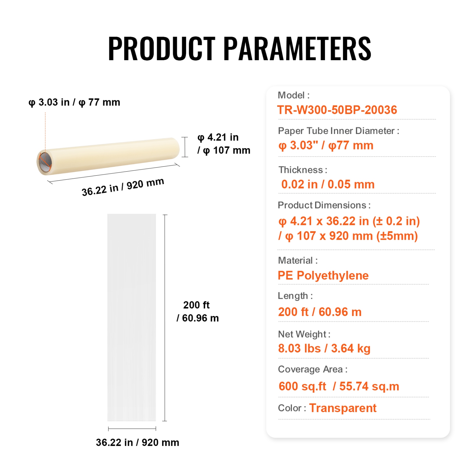 VEVOR 36" x 200' Carpet Protection Film, Floor and Surface Shield with Self Adhesive Backing & Easy Installation, Polyethylene Adhesive Car Mat