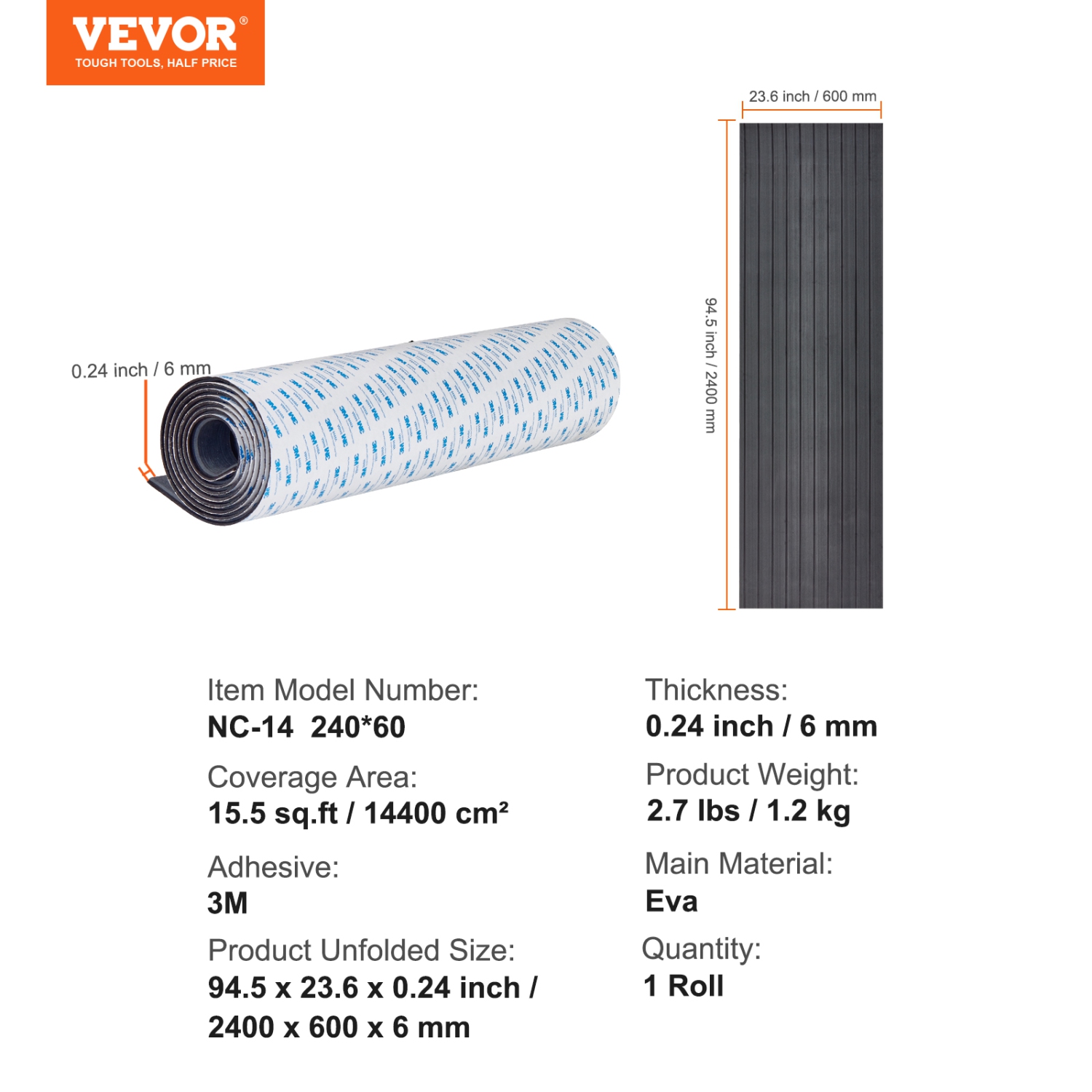 VEVOR 94.5" x 23.6" Boat Flooring, EVA Foam Boat Decking, Non-Slip Self-Adhesive Flooring, 15.5 sq.ft Marine Carpet for Boats, Yacht, Pontoon, Kayak