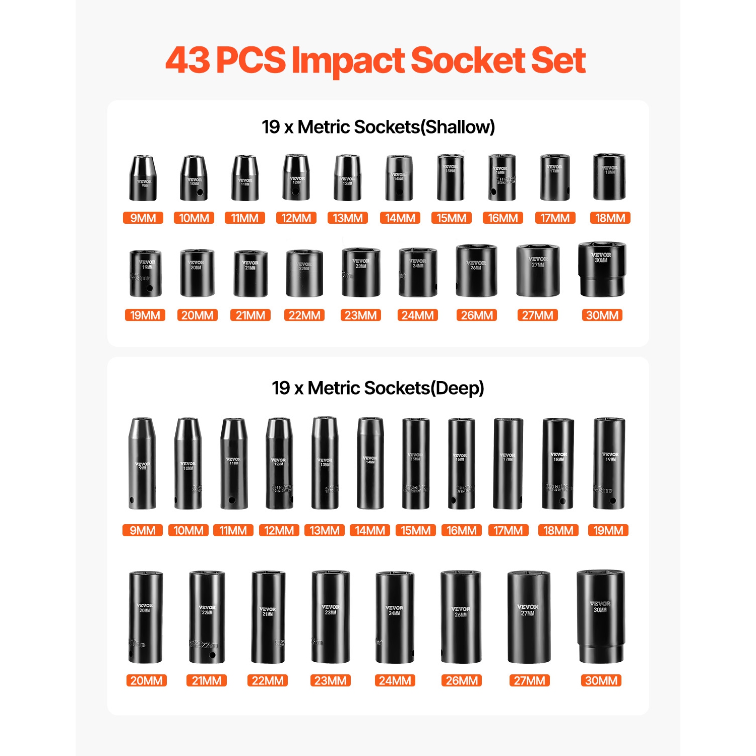 VEVOR 1/2 Inches Impact Socket Set, 43 Piece Impact Sockets, Standard Socket Assortment, 1/2 Inches Drive Socket Set 6-Point Sockets Metric 9-30mm
