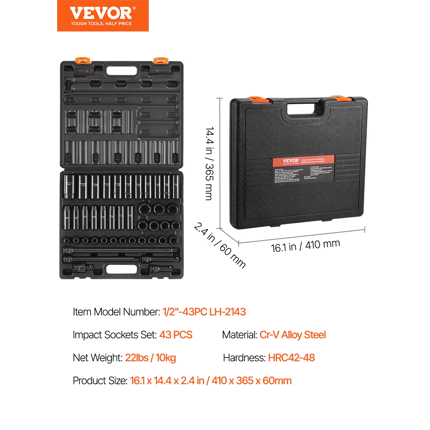 VEVOR 1/2 Inches Impact Socket Set, 43 Piece Impact Sockets, Standard Socket Assortment, 1/2 Inches Drive Socket Set 6-Point Sockets Metric 9-30mm