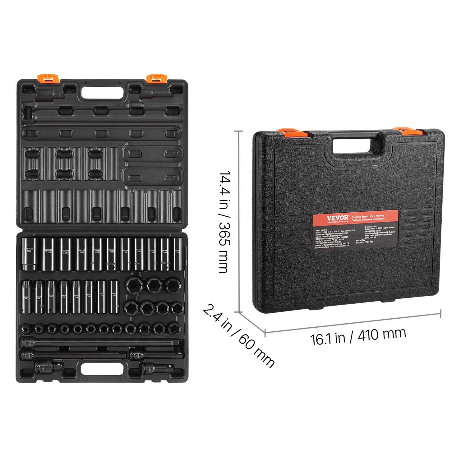 VEVOR 1/2 Inches Impact Socket Set, 43 Piece Impact Sockets, Standard Socket Assortment, 1/2 Inches Drive Socket Set 6-Point Sockets Metric 9-30mm