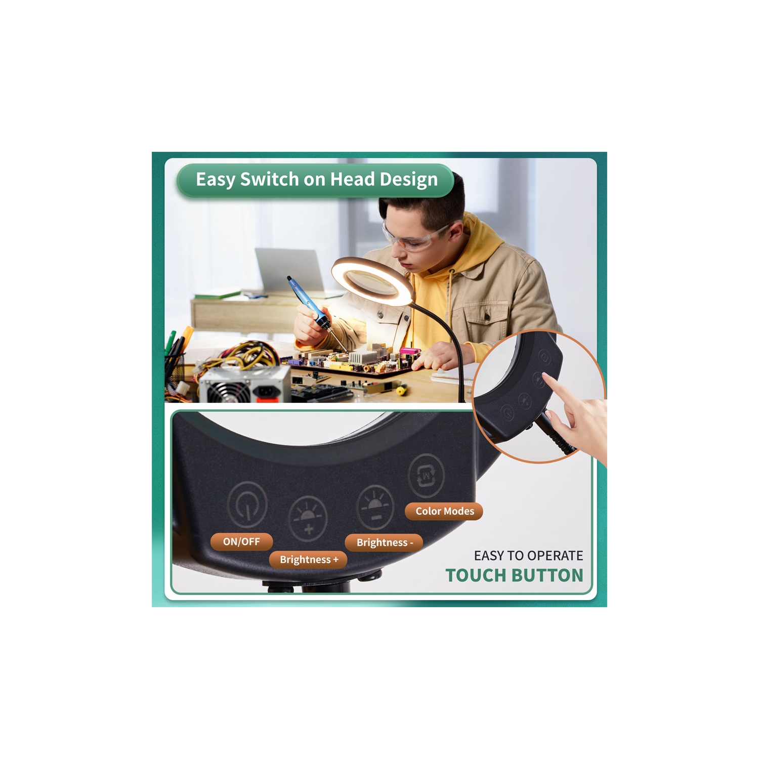 Loupe avec lumière et support, lampe loupe de bureau à base en métal pour bricolage Art de la peinture de couture Hobby