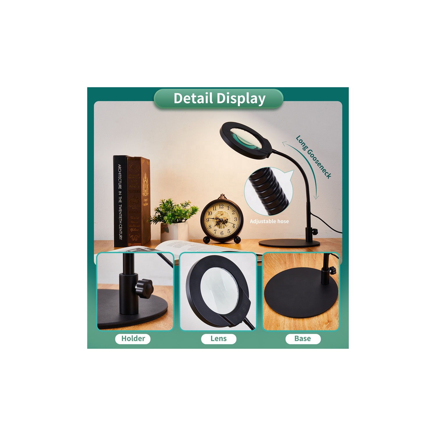 Loupe avec lumière et support, lampe loupe de bureau à base en métal pour bricolage Art de la peinture de couture Hobby