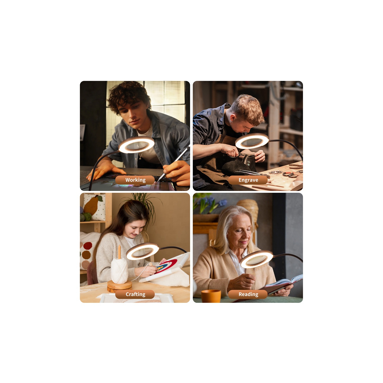 Loupe avec lumière et support, lampe loupe de bureau à base en métal pour bricolage Art de la peinture de couture Hobby