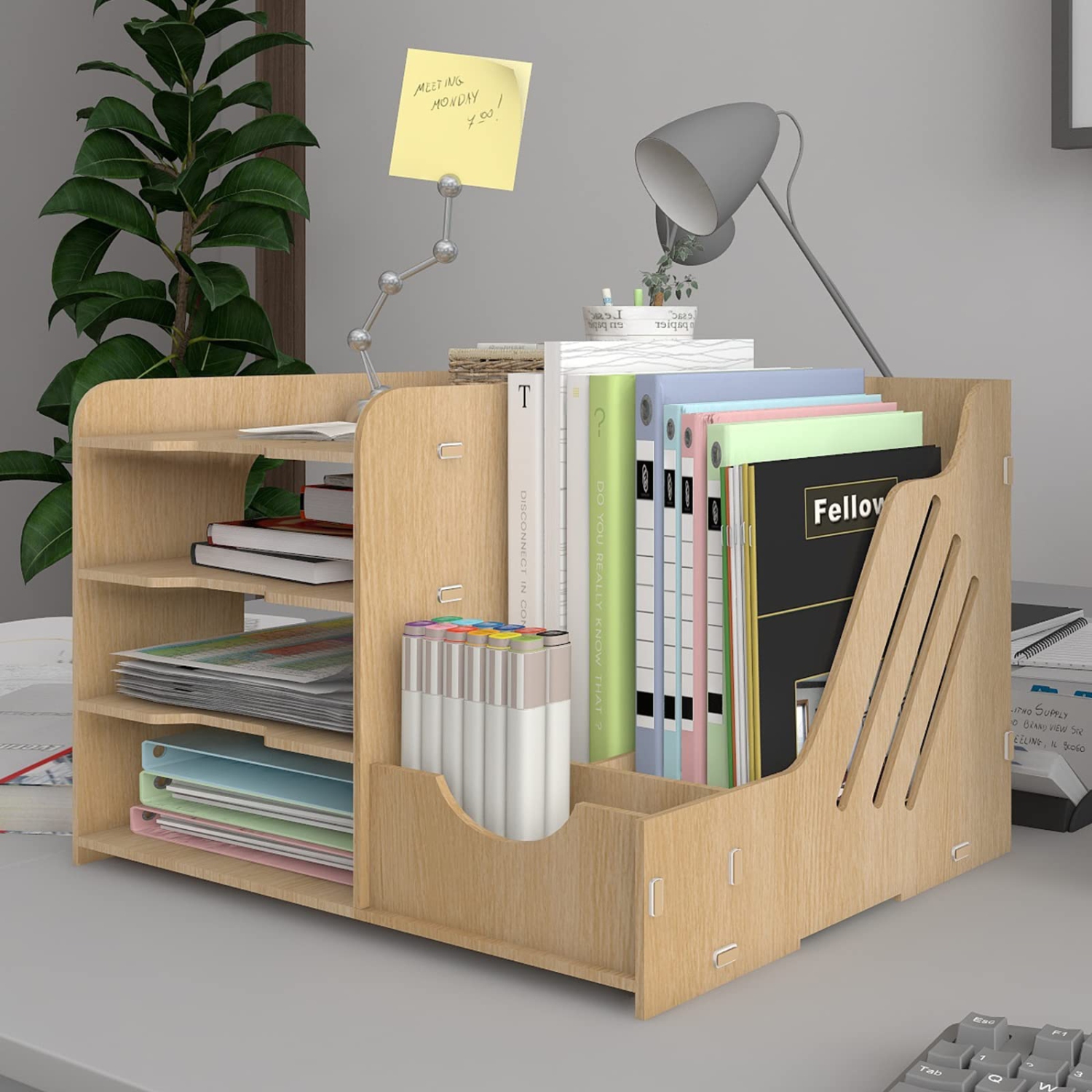 4 Tiers Office Wood Desktop Organizer Letter A4 Paper File Rack with Vertical Horizontal File Holder Supplies Storage Box Mail Sorter on Desk