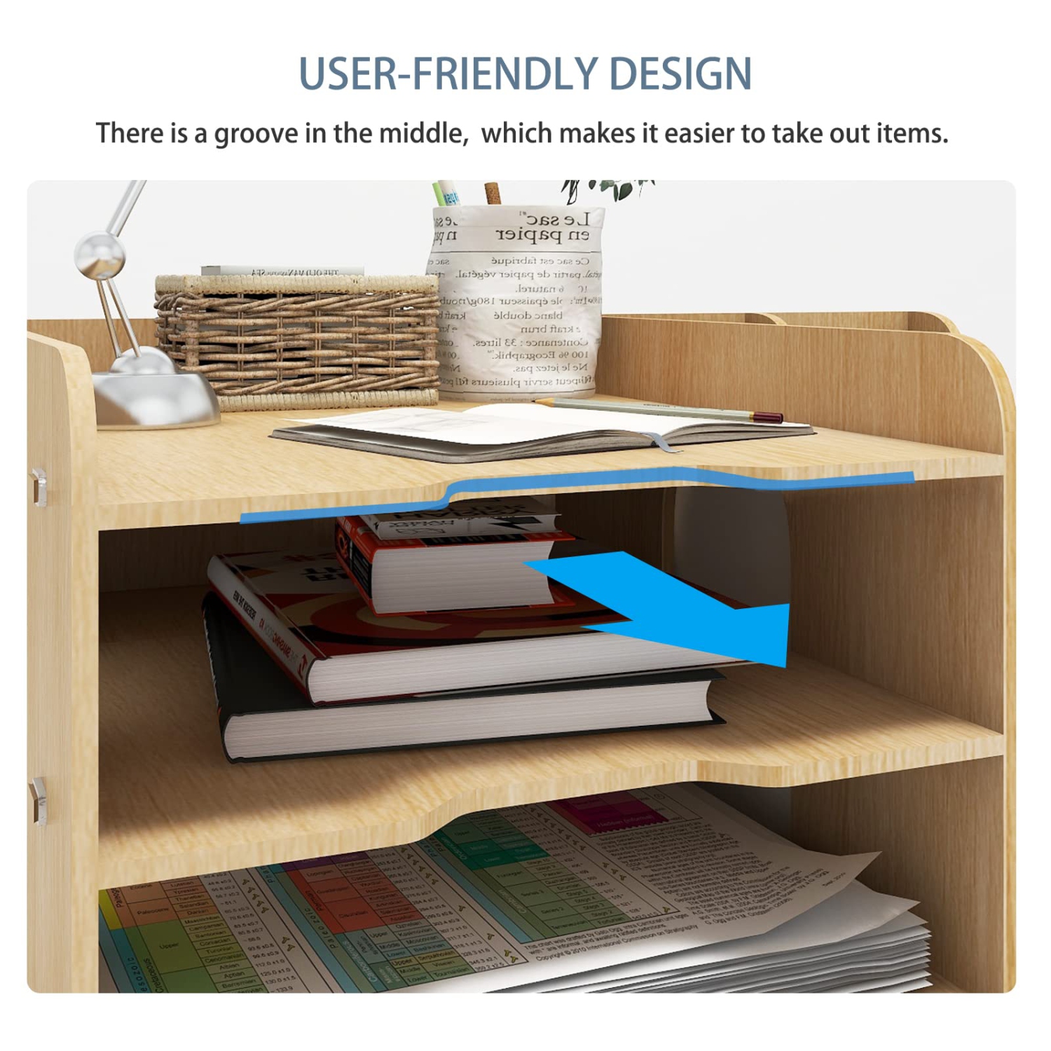 4 Tiers Office Wood Desktop Organizer Letter A4 Paper File Rack with Vertical Horizontal File Holder Supplies Storage Box Mail Sorter on Desk